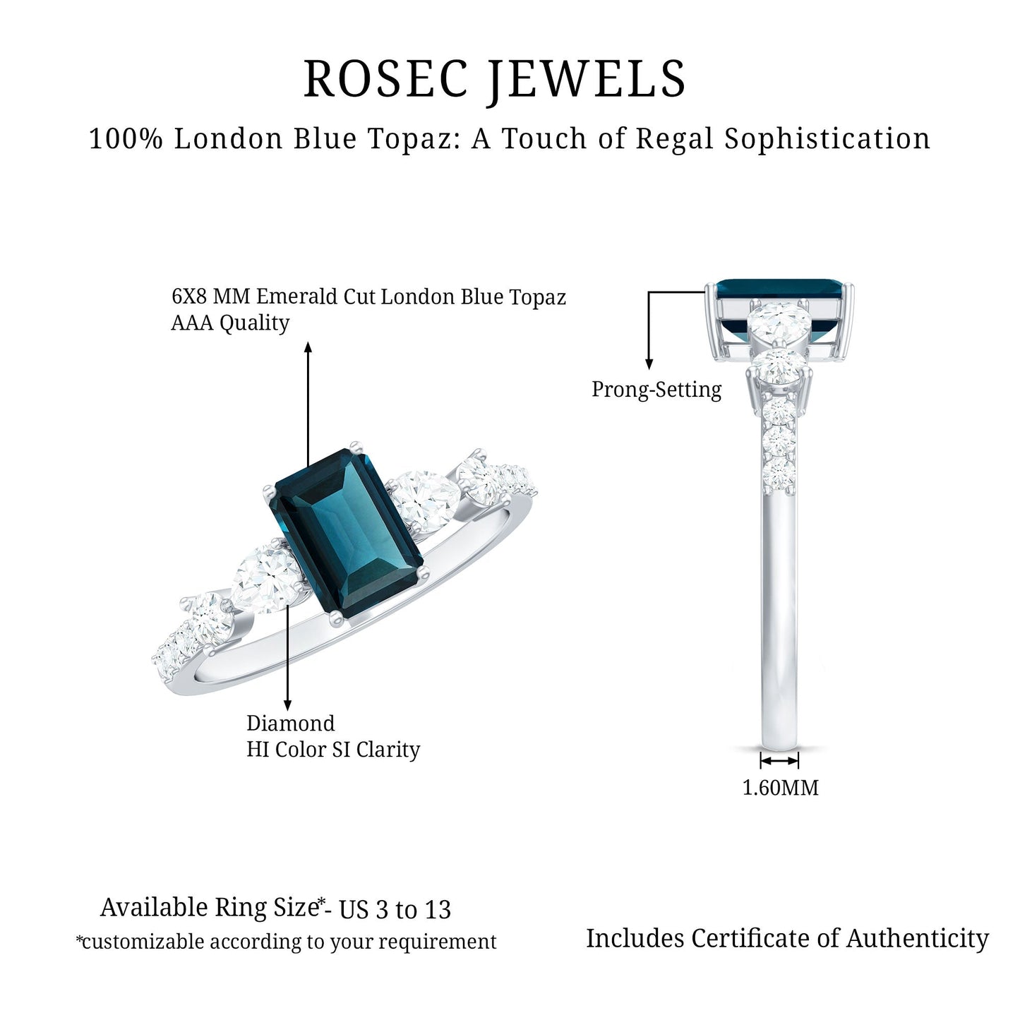 Genuine 6X8mm Emerald Cut London Blue Topaz Engagement Ring with Diamond