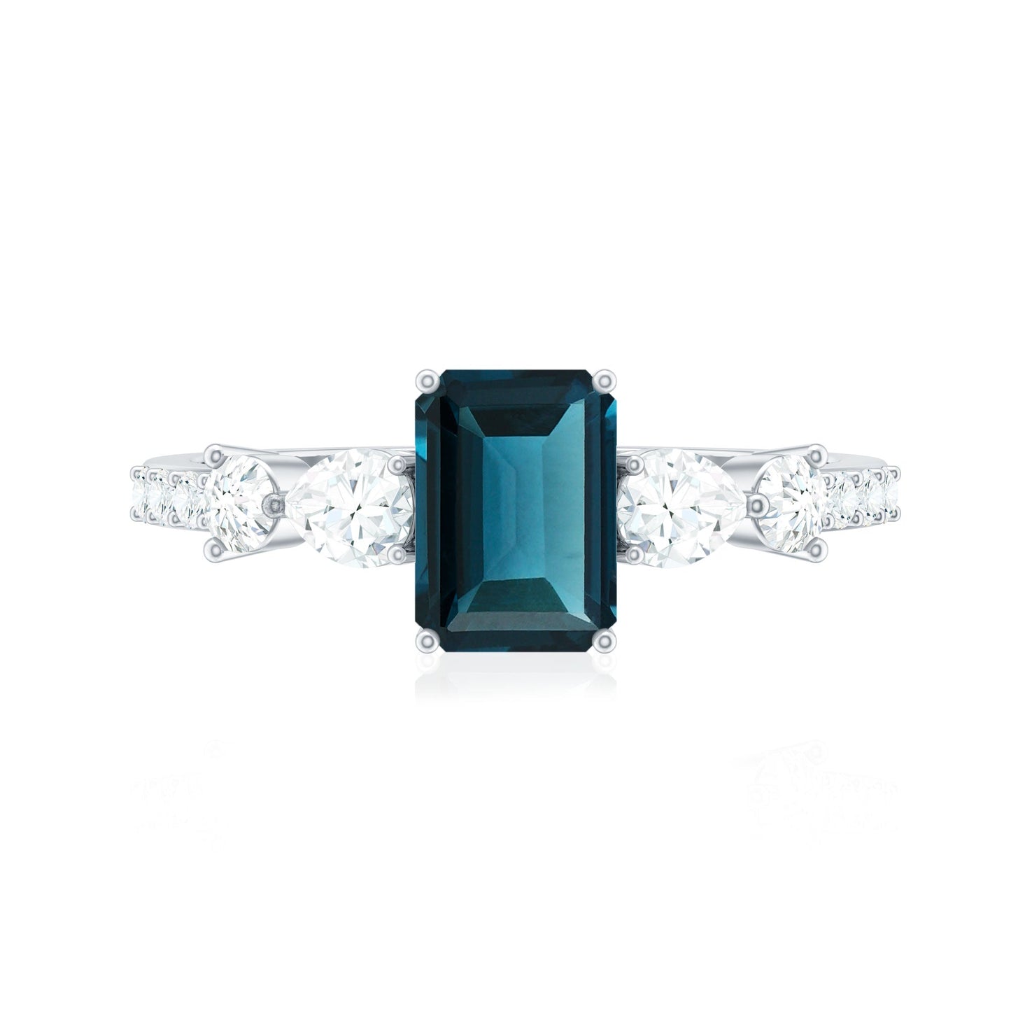 Genuine 6X8mm Emerald Cut London Blue Topaz Engagement Ring with Diamond