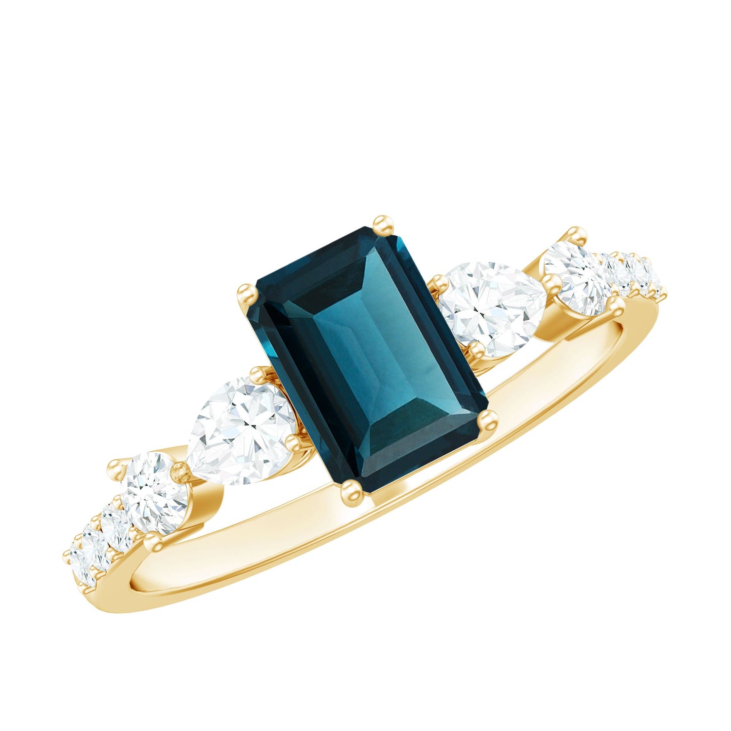 Genuine 6X8mm Emerald Cut London Blue Topaz Engagement Ring with Diamond