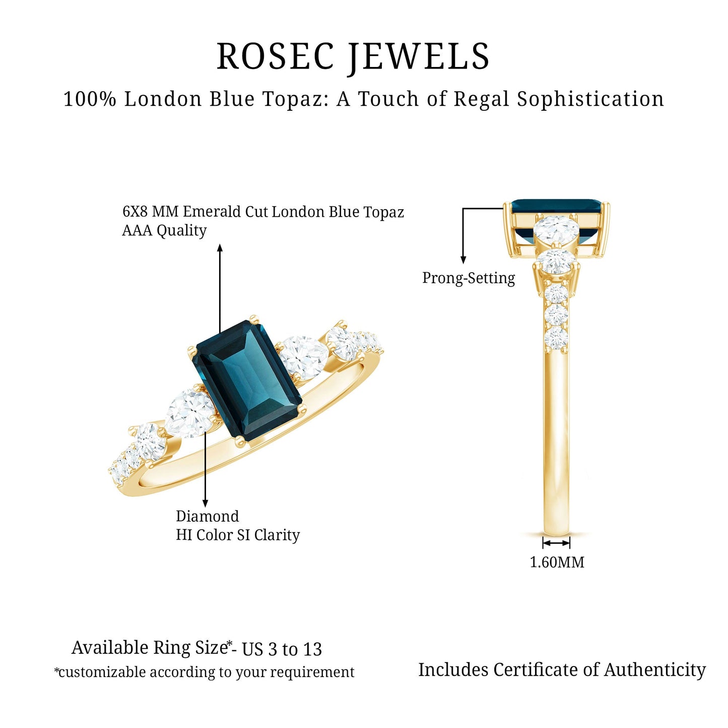 Genuine 6X8mm Emerald Cut London Blue Topaz Engagement Ring with Diamond