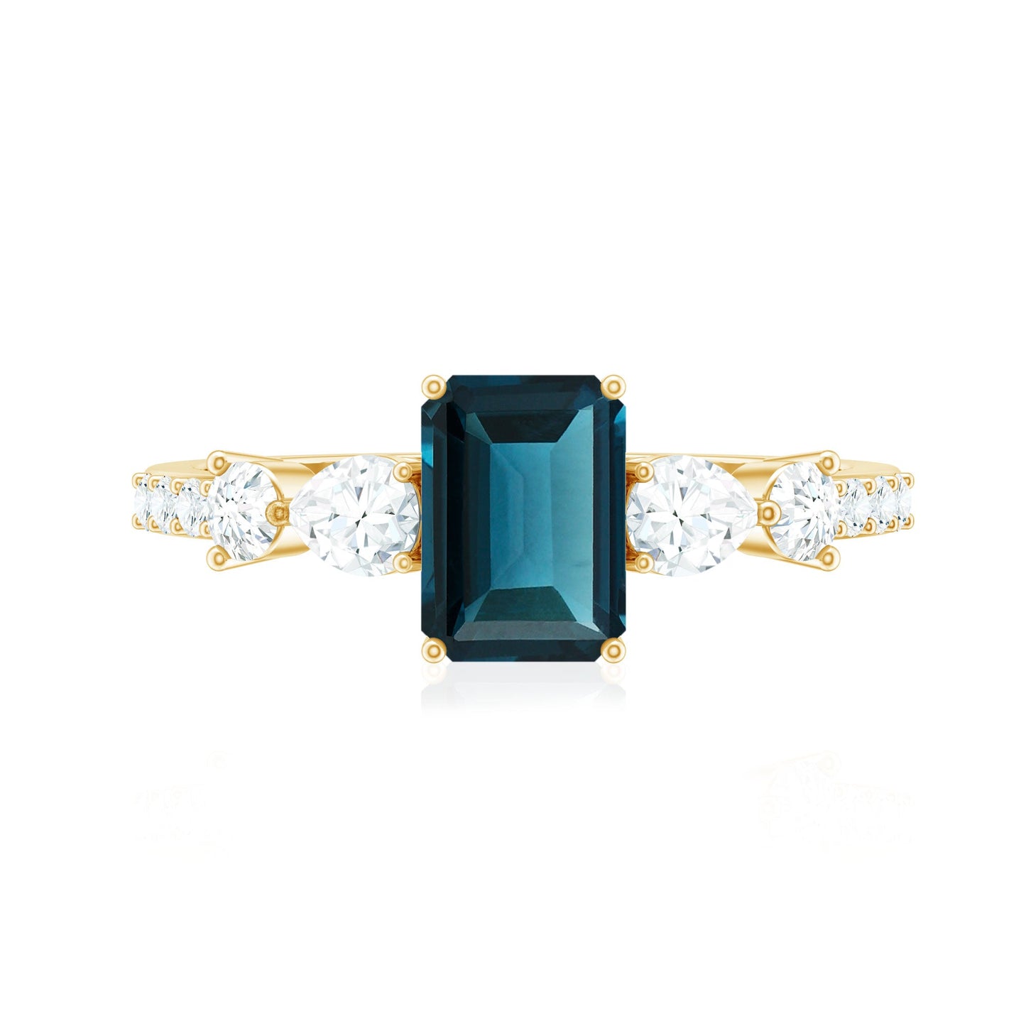 Genuine 6X8mm Emerald Cut London Blue Topaz Engagement Ring with Diamond