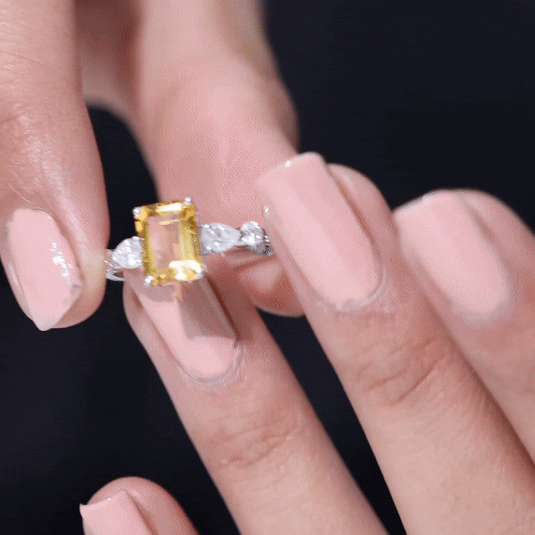 Genuine 6X8mm Citrine Emerald Cut Engagement Ring with Moissanite Side Stones