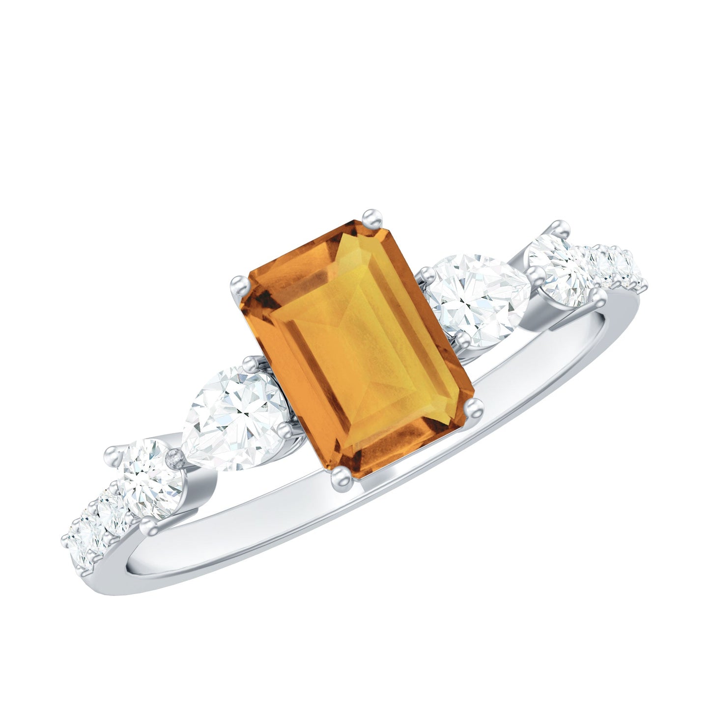 Genuine 6X8mm Citrine Emerald Cut Engagement Ring with Moissanite Side Stones