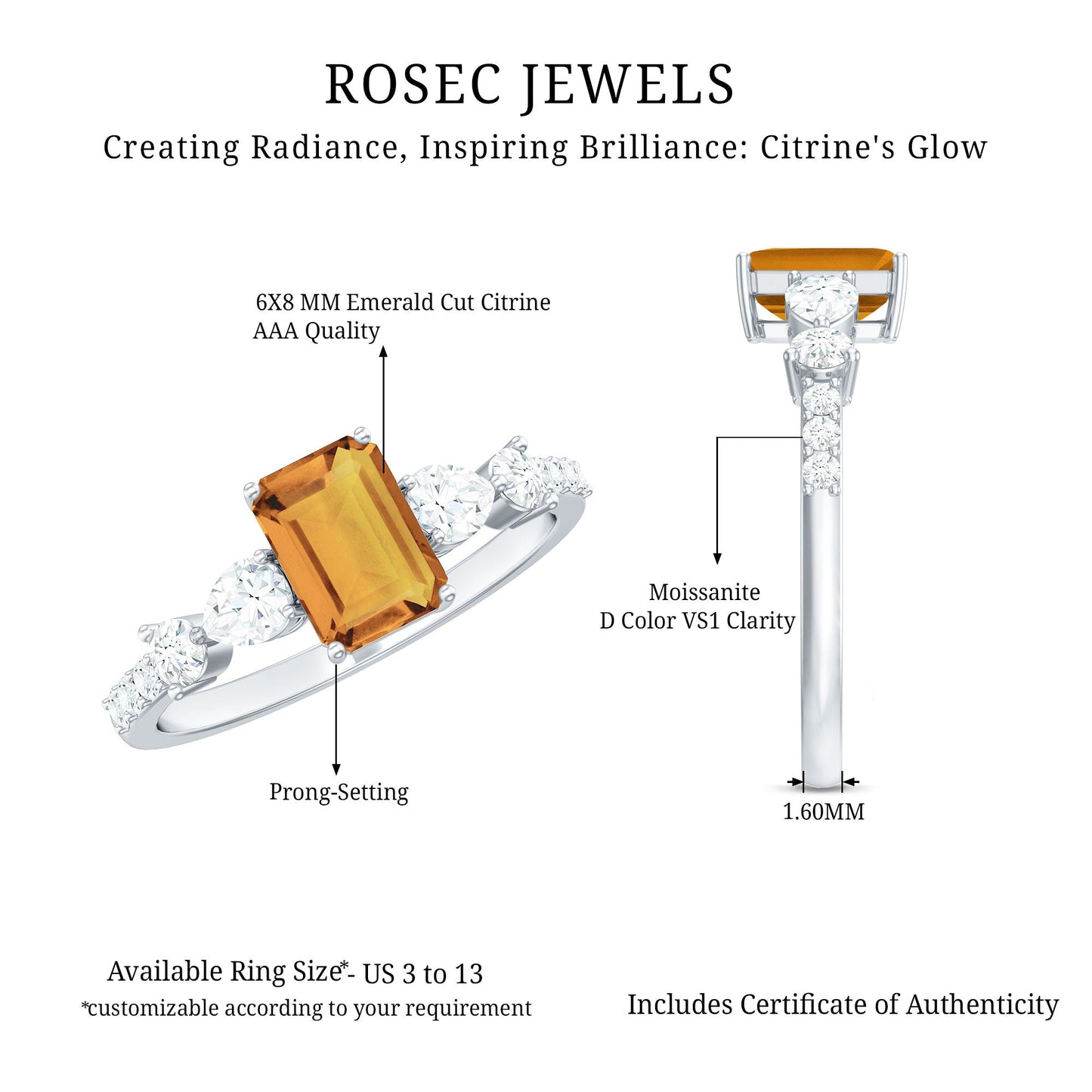 Genuine 6X8mm Citrine Emerald Cut Engagement Ring with Moissanite Side Stones