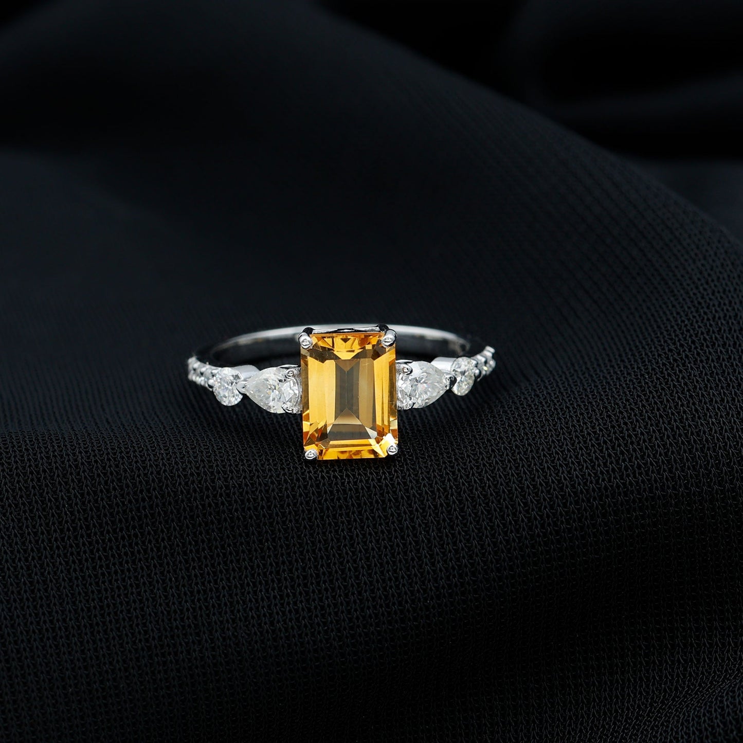 Genuine 6X8mm Citrine Emerald Cut Engagement Ring with Moissanite Side Stones