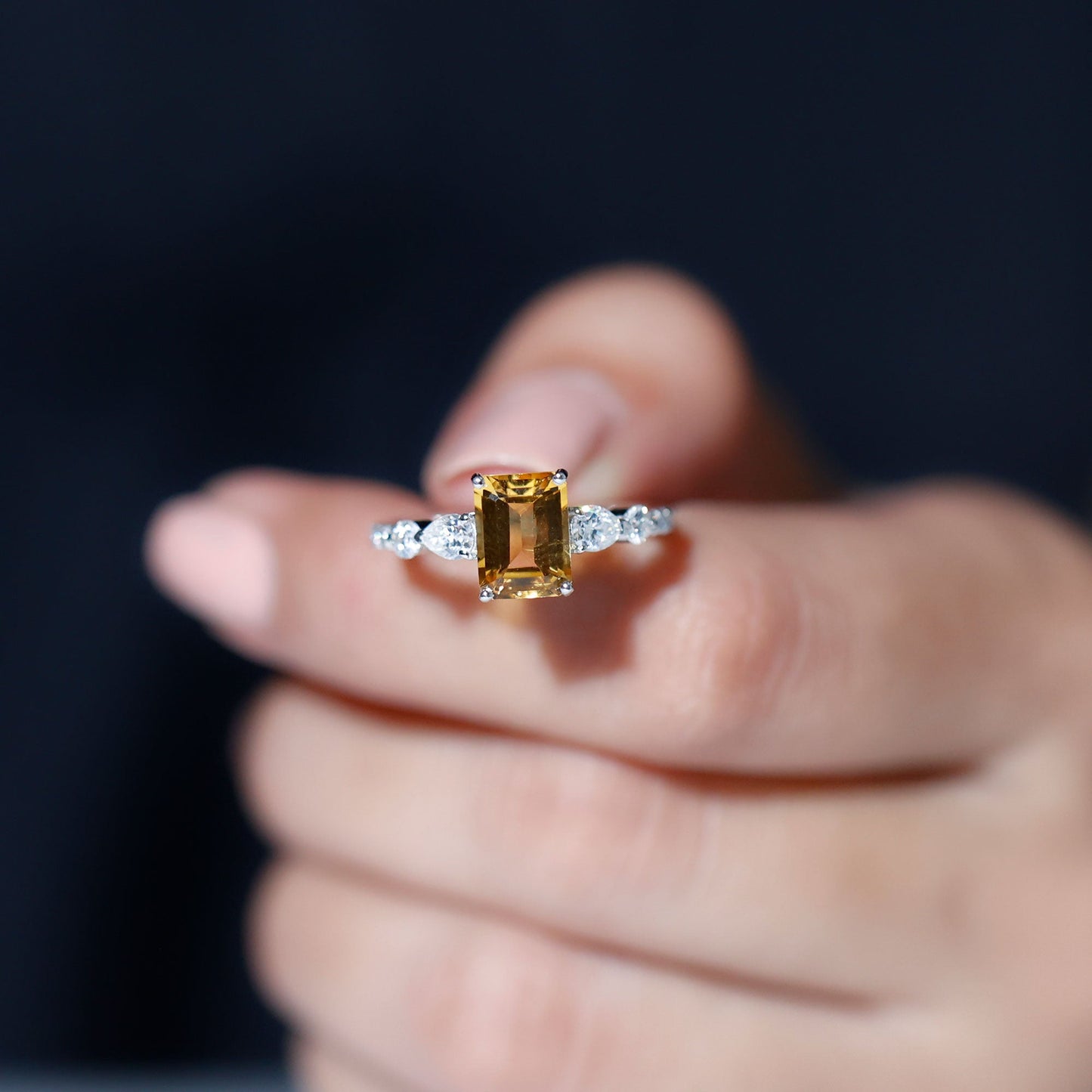 Genuine 6X8mm Citrine Emerald Cut Engagement Ring with Moissanite Side Stones