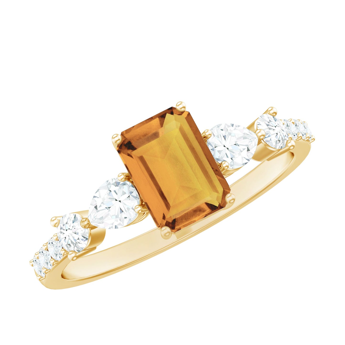 Genuine 6X8mm Citrine Emerald Cut Engagement Ring with Moissanite Side Stones