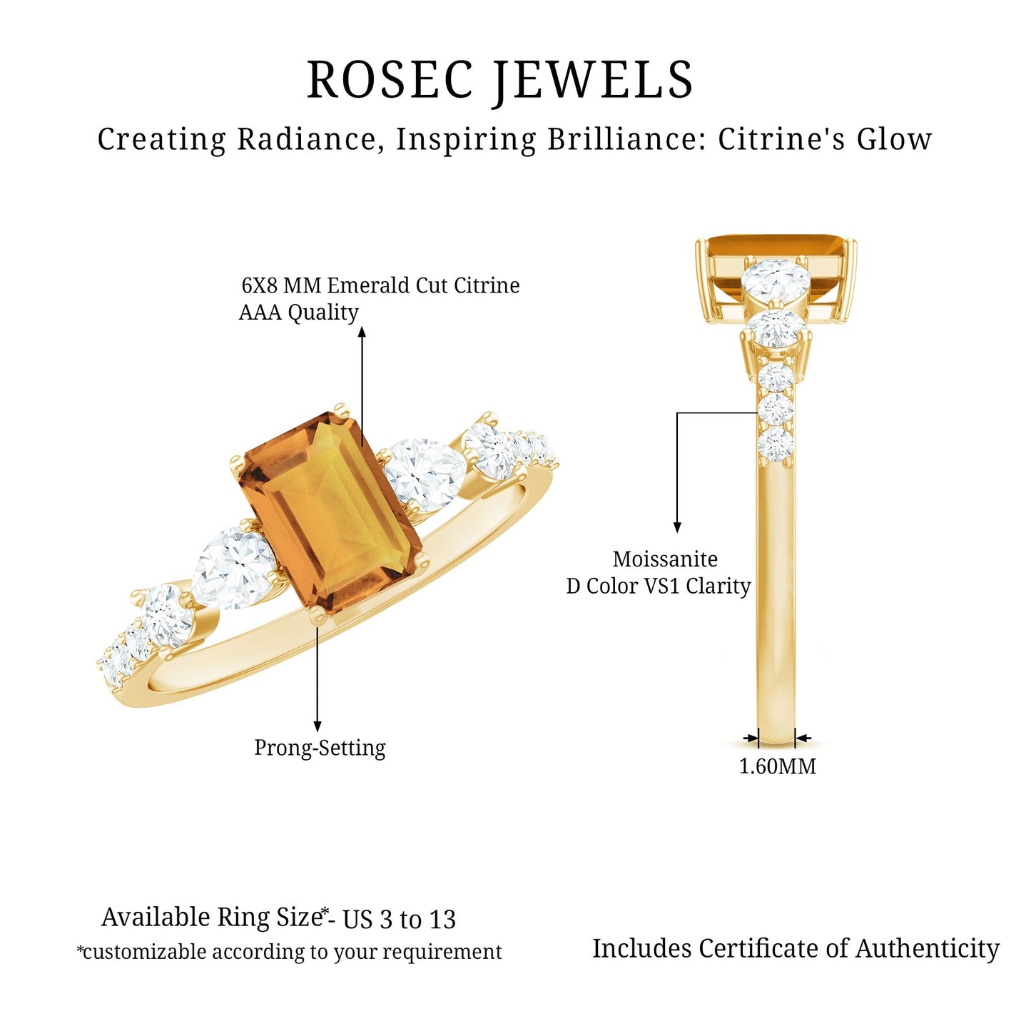 Genuine 6X8mm Citrine Emerald Cut Engagement Ring with Moissanite Side Stones