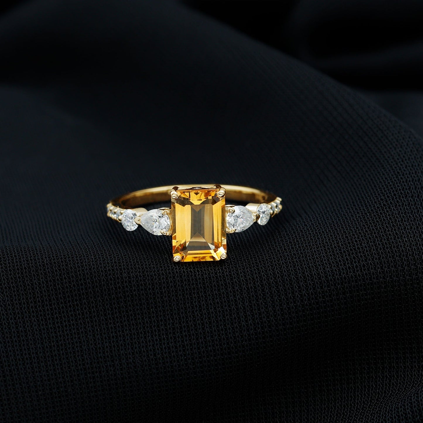 Genuine 6X8mm Citrine Emerald Cut Engagement Ring with Moissanite Side Stones