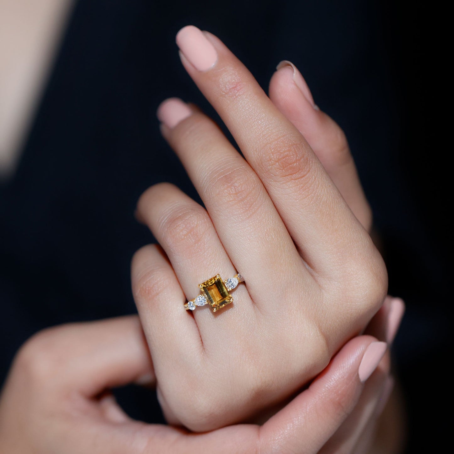 Genuine 6X8mm Citrine Emerald Cut Engagement Ring with Moissanite Side Stones