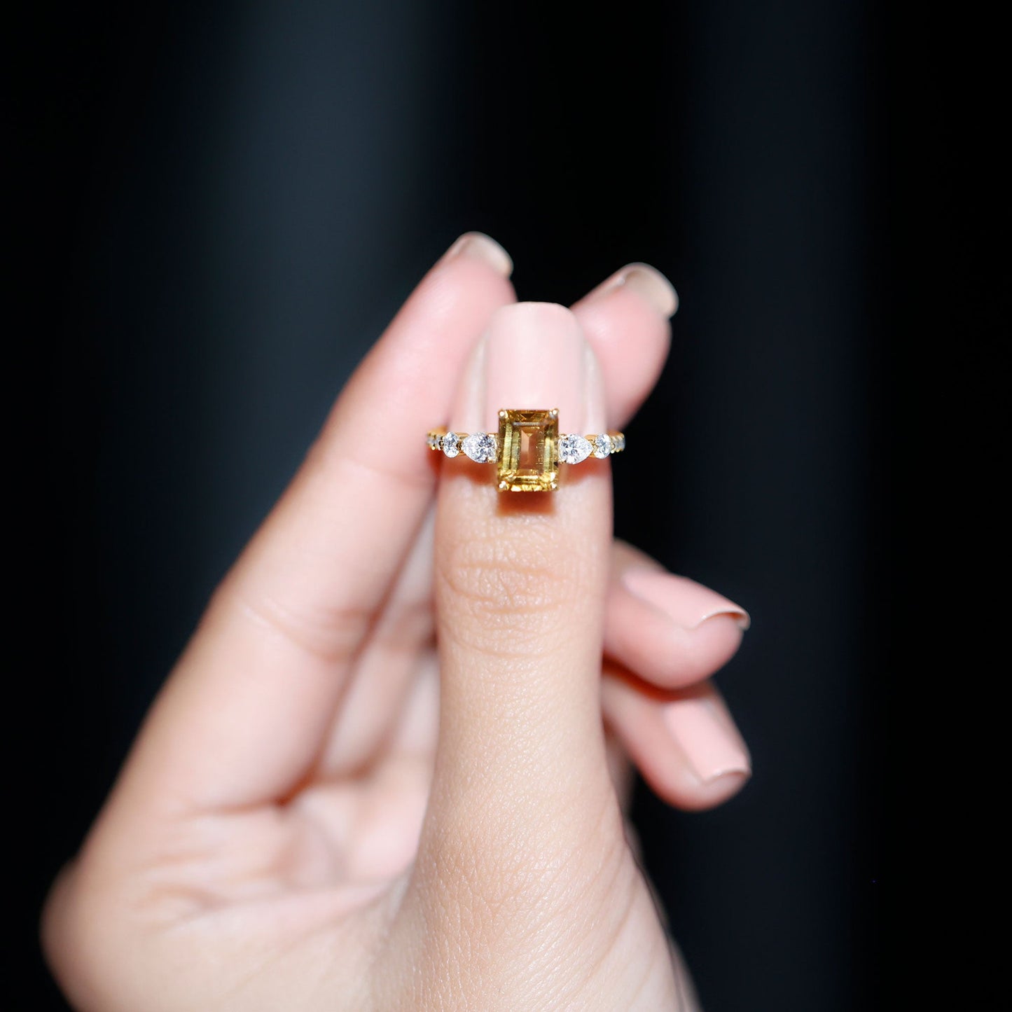 Genuine 6X8mm Citrine Emerald Cut Engagement Ring with Moissanite Side Stones