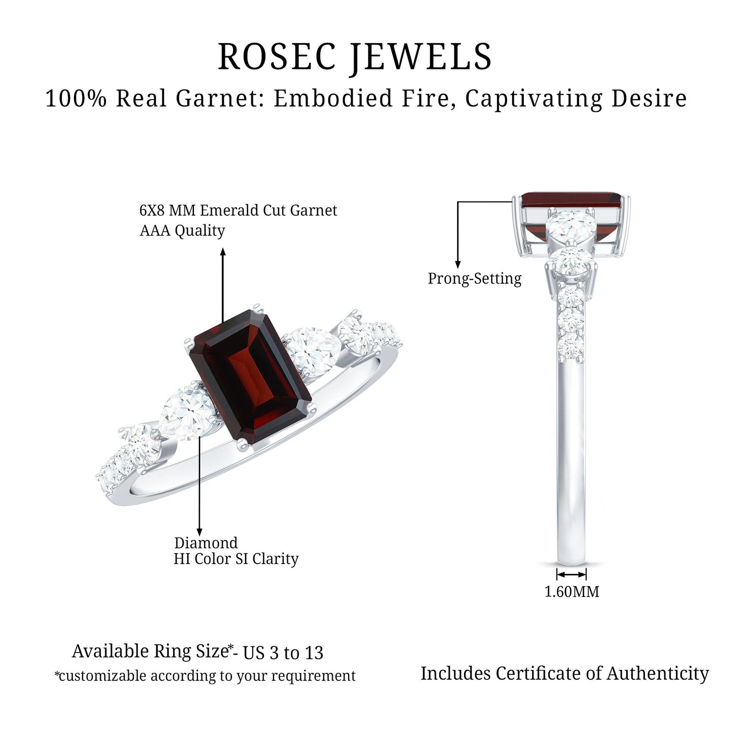 Genuine Garnet Emerald Cut Engagement Ring with Diamond Side Stones