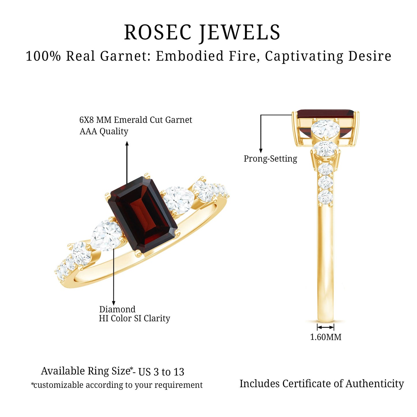 Genuine Garnet Emerald Cut Engagement Ring with Diamond Side Stones