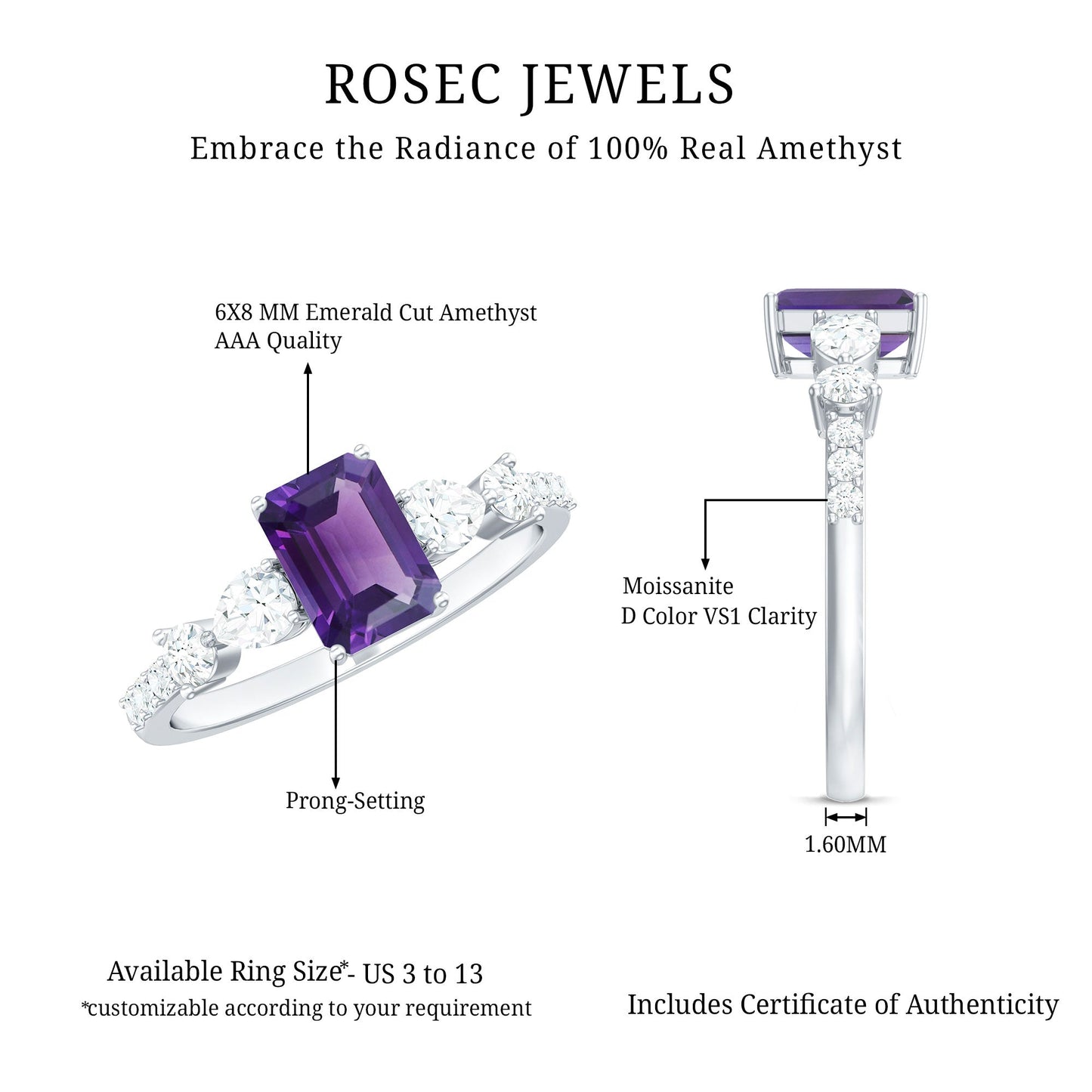 Solitaire Amethyst Engagement Ring with Moissanite Side Stones
