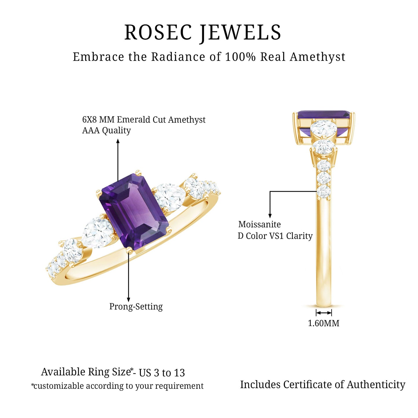 Solitaire Amethyst Engagement Ring with Moissanite Side Stones