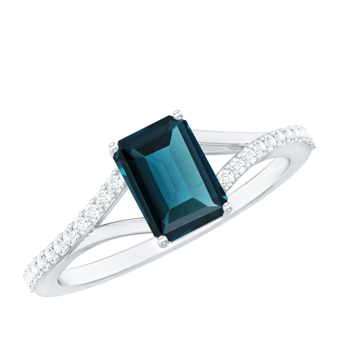 6X8mm Emerald Cut London Blue Topaz Split Shank Engagement Ring with Diamond