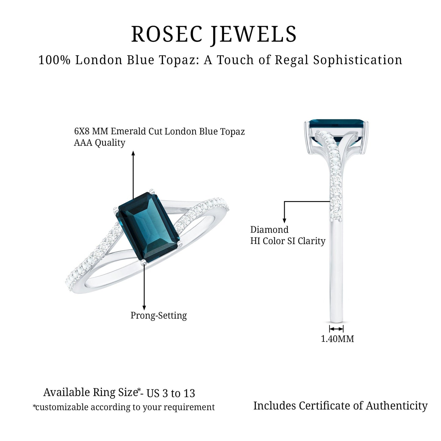 6X8mm Emerald Cut London Blue Topaz Split Shank Engagement Ring with Diamond