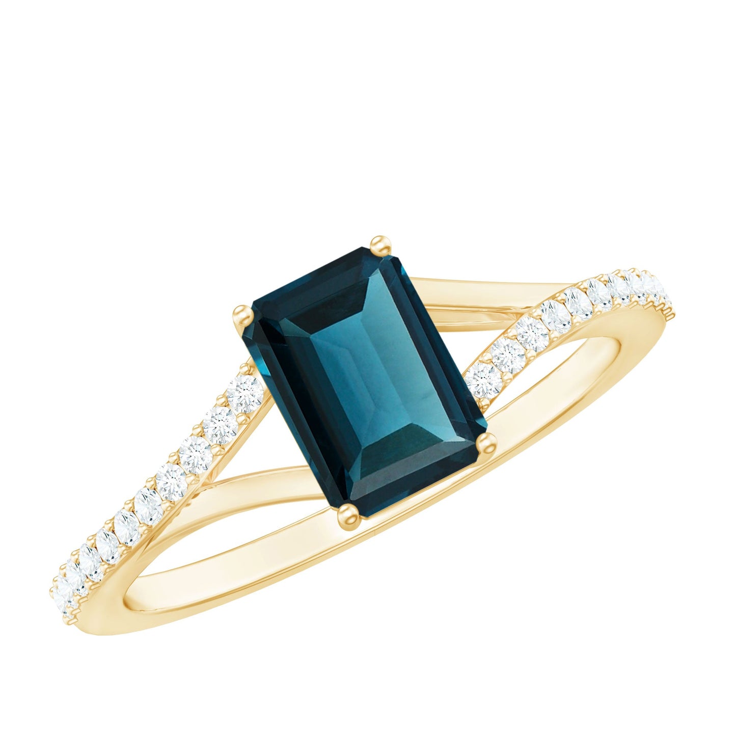 6X8mm Emerald Cut London Blue Topaz Split Shank Engagement Ring with Diamond