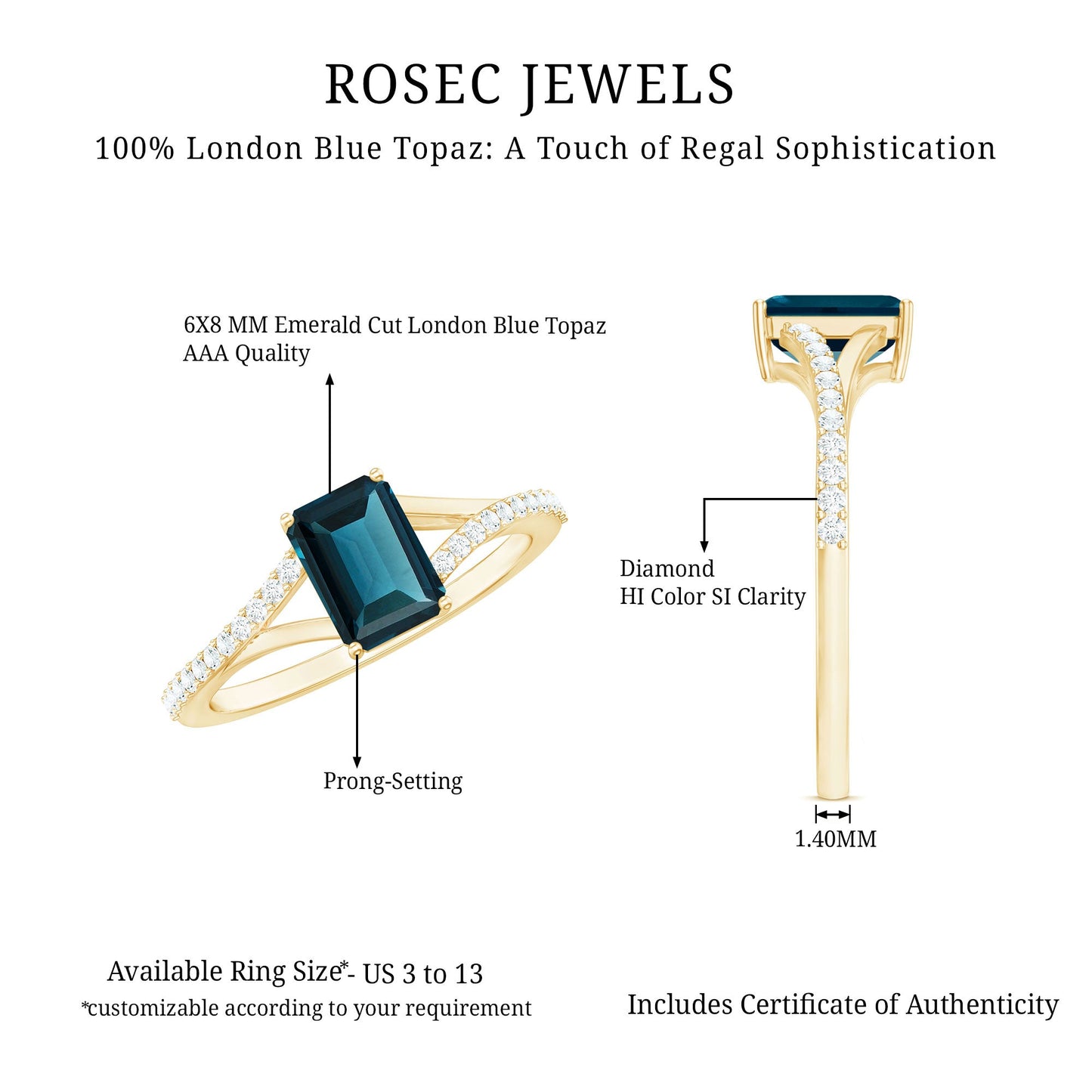 6X8mm Emerald Cut London Blue Topaz Split Shank Engagement Ring with Diamond