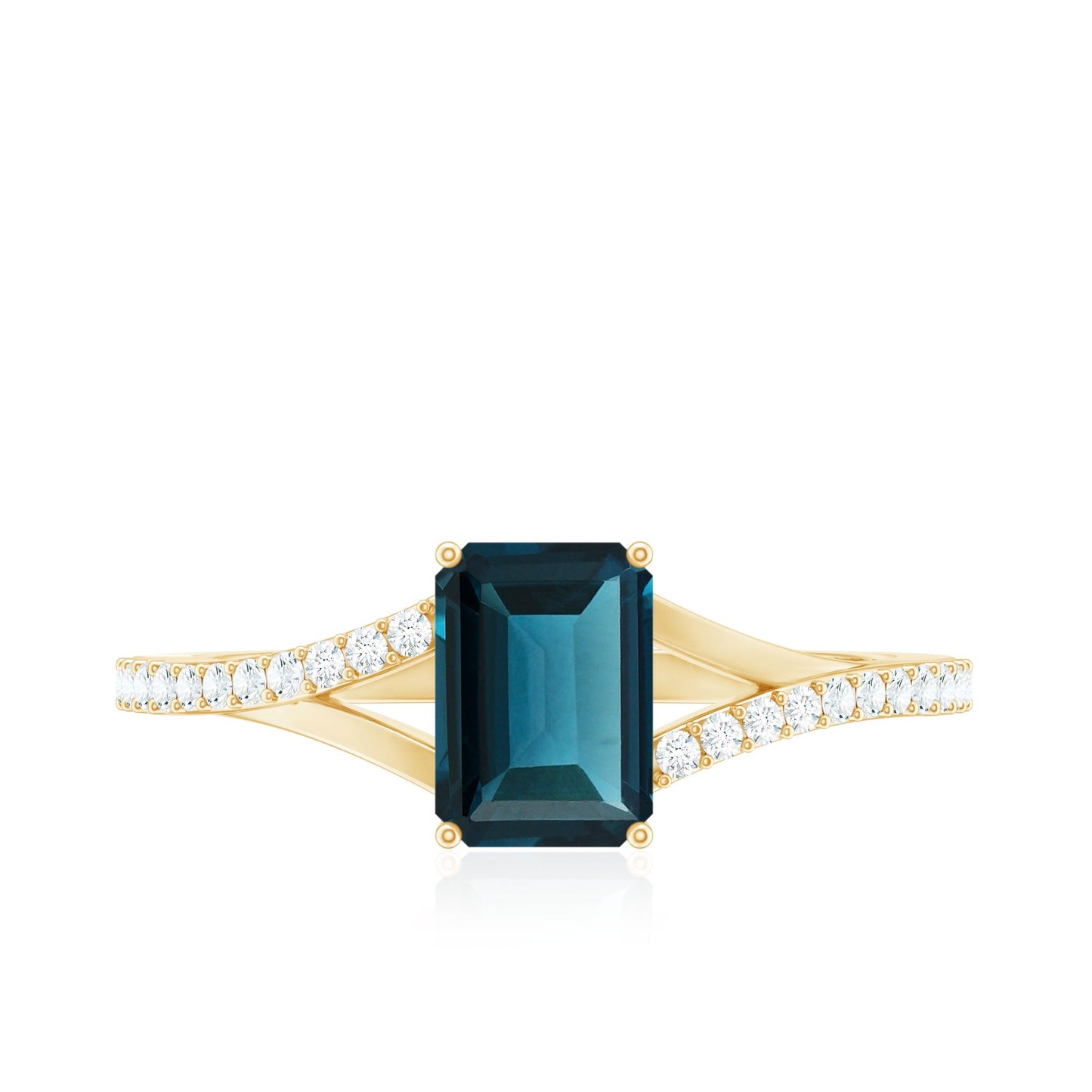 6X8mm Emerald Cut London Blue Topaz Split Shank Engagement Ring with Diamond