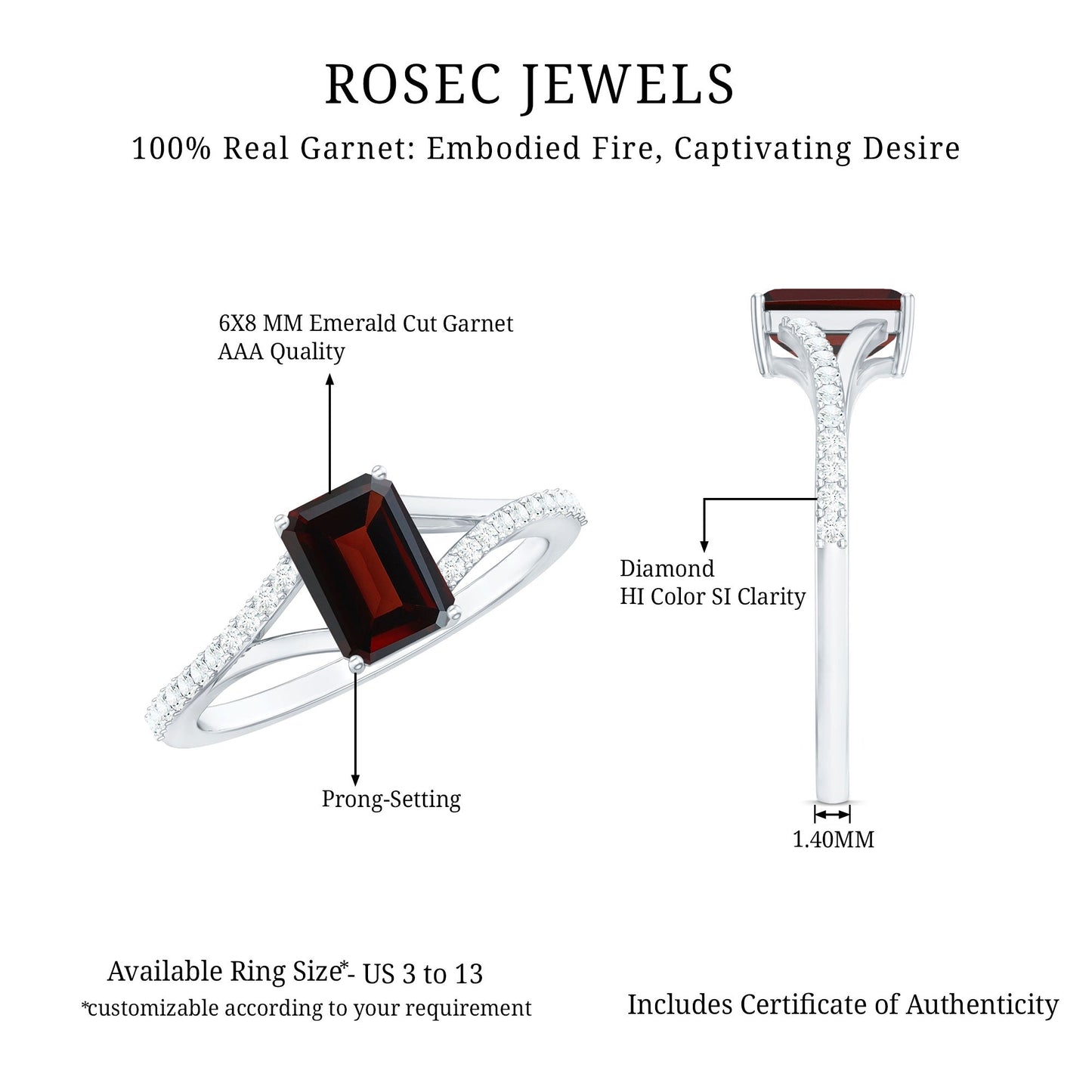 Certified Natural Garnet Emerald Cut Engagement Ring with Diamond Split Shank