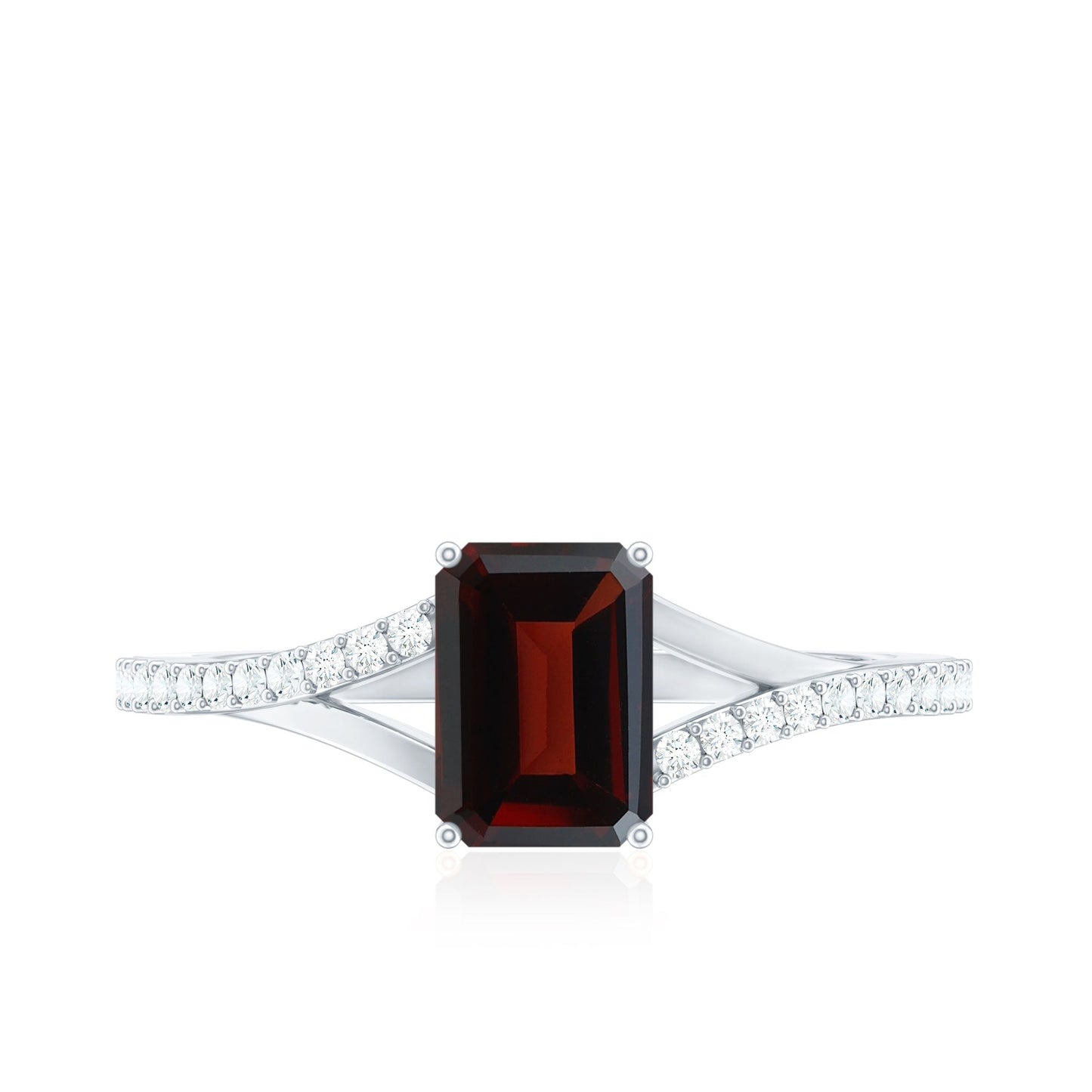 Certified Natural Garnet Emerald Cut Engagement Ring with Diamond Split Shank