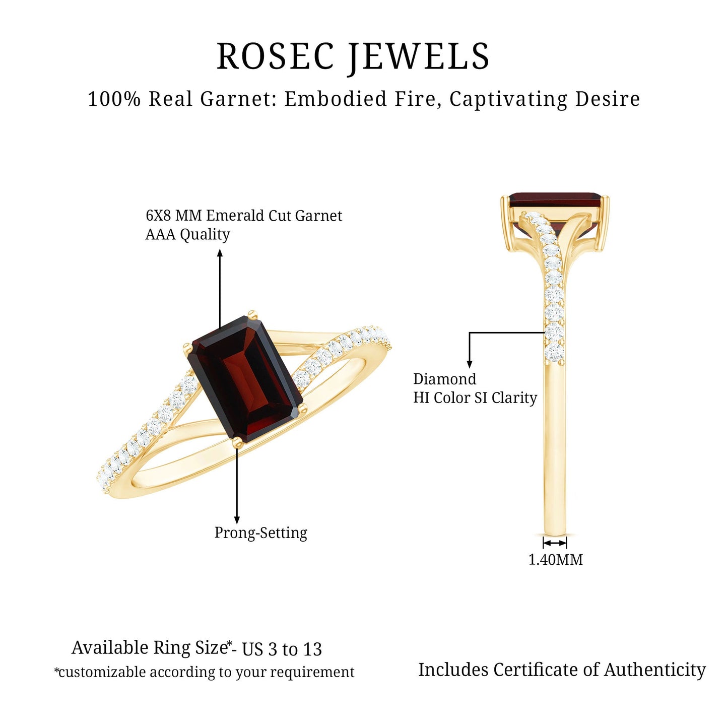 Certified Natural Garnet Emerald Cut Engagement Ring with Diamond Split Shank