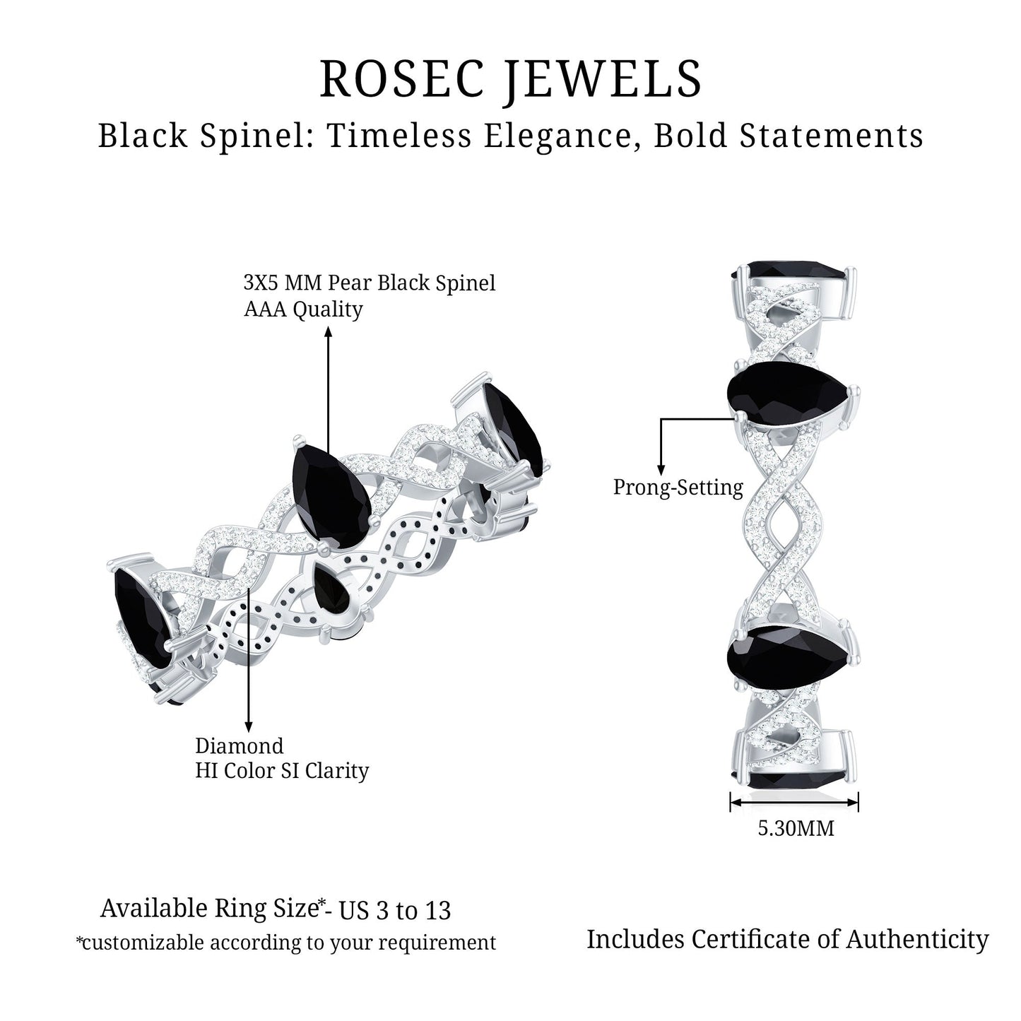 Natural Pear Shape Black Spinel Diamond Eternity Ring with Crossover Band