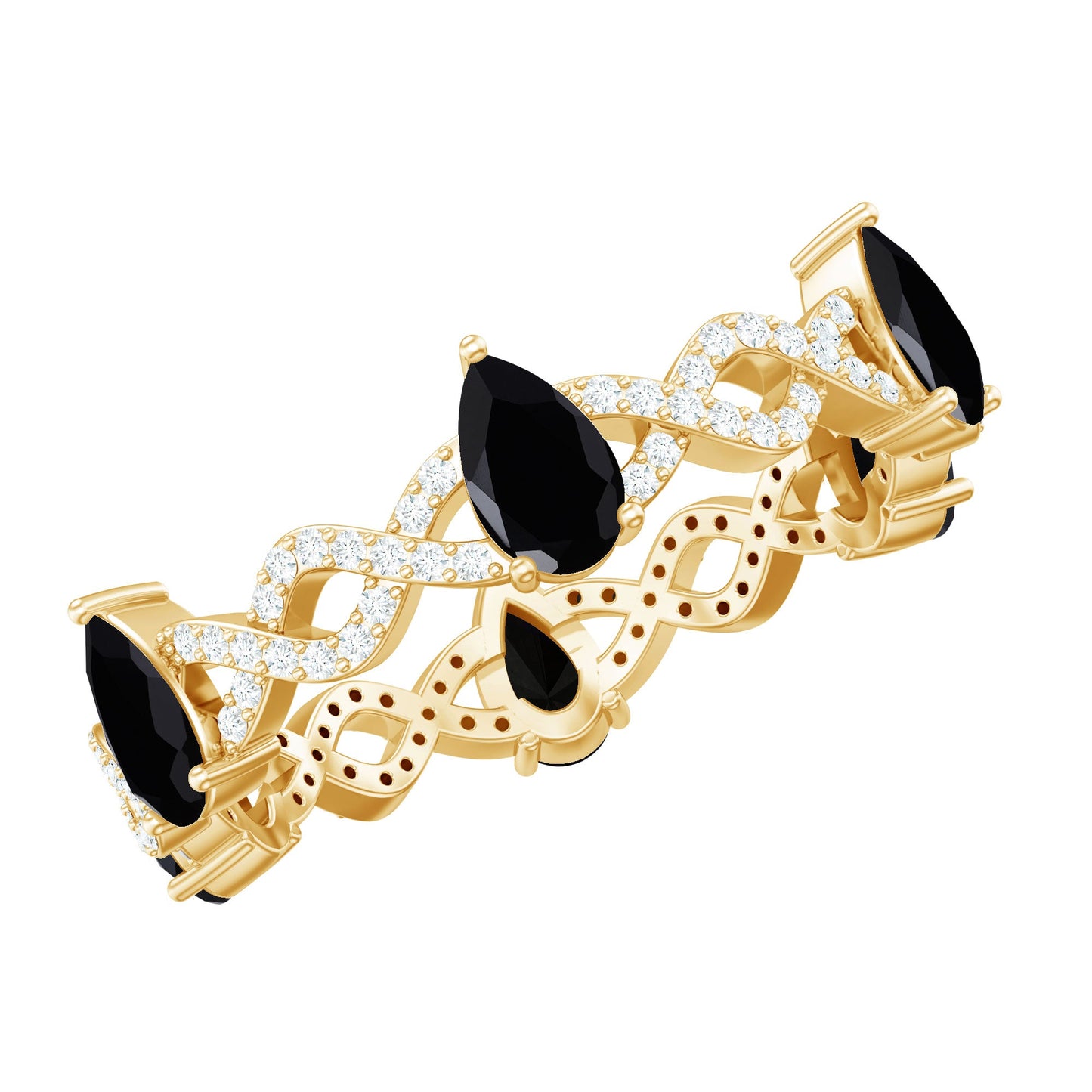 Natural Pear Shape Black Spinel Diamond Eternity Ring with Crossover Band