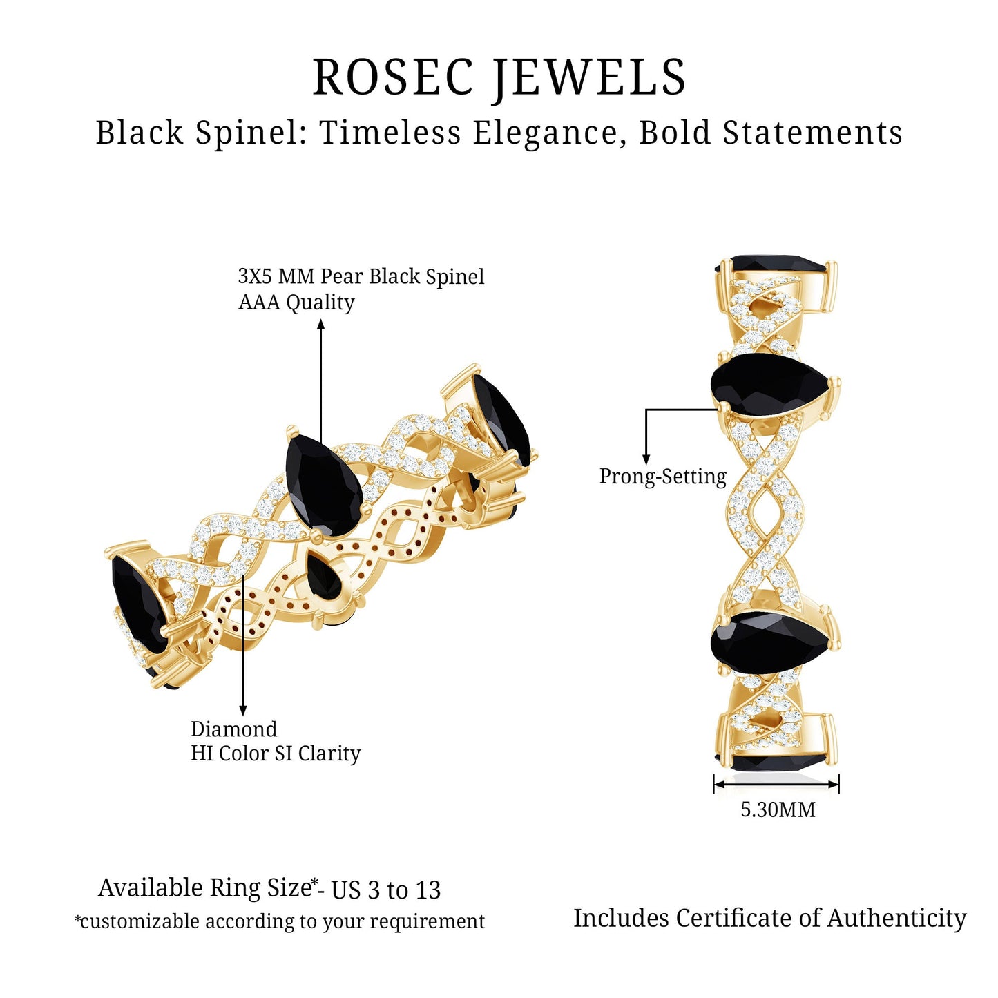 Natural Pear Shape Black Spinel Diamond Eternity Ring with Crossover Band