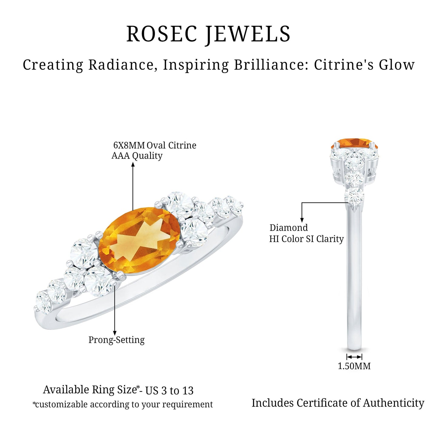 Certified Real Oval Citrine East West Engagement Ring with Diamond