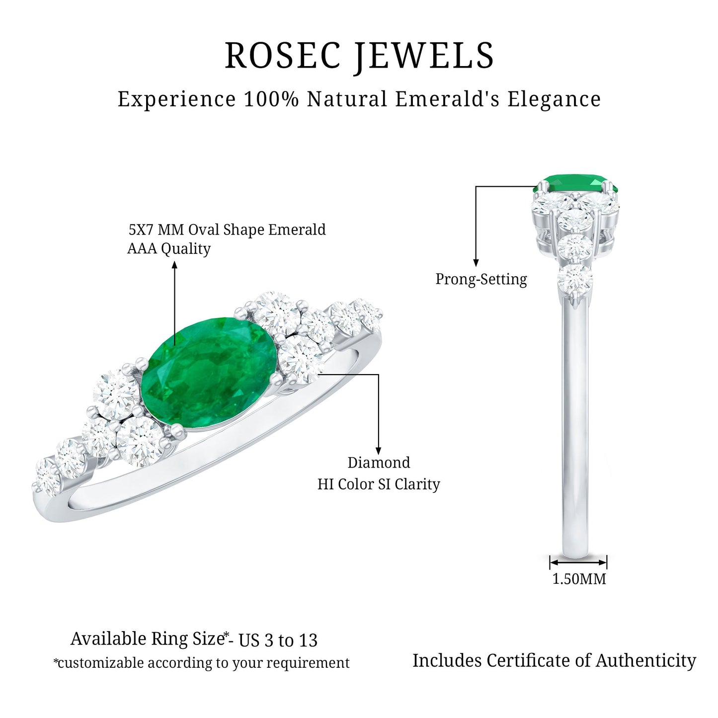 5X7mm Oval Cut Emerald Promise Ring with Diamond