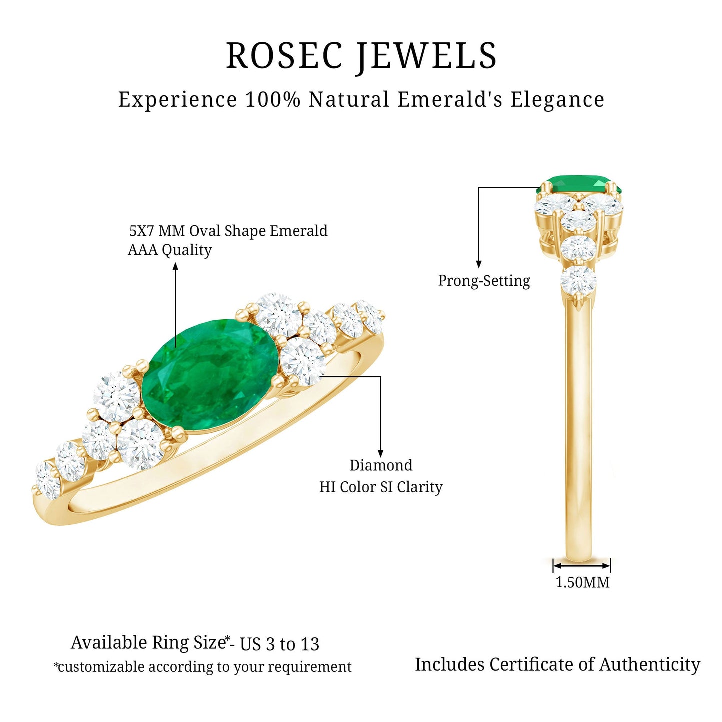 5X7mm Oval Cut Emerald Promise Ring with Diamond