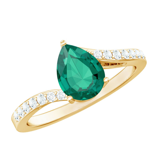 Classic Lab Grown Emerald Diamond Teardrop Engagement Ring with Bypass Shank
