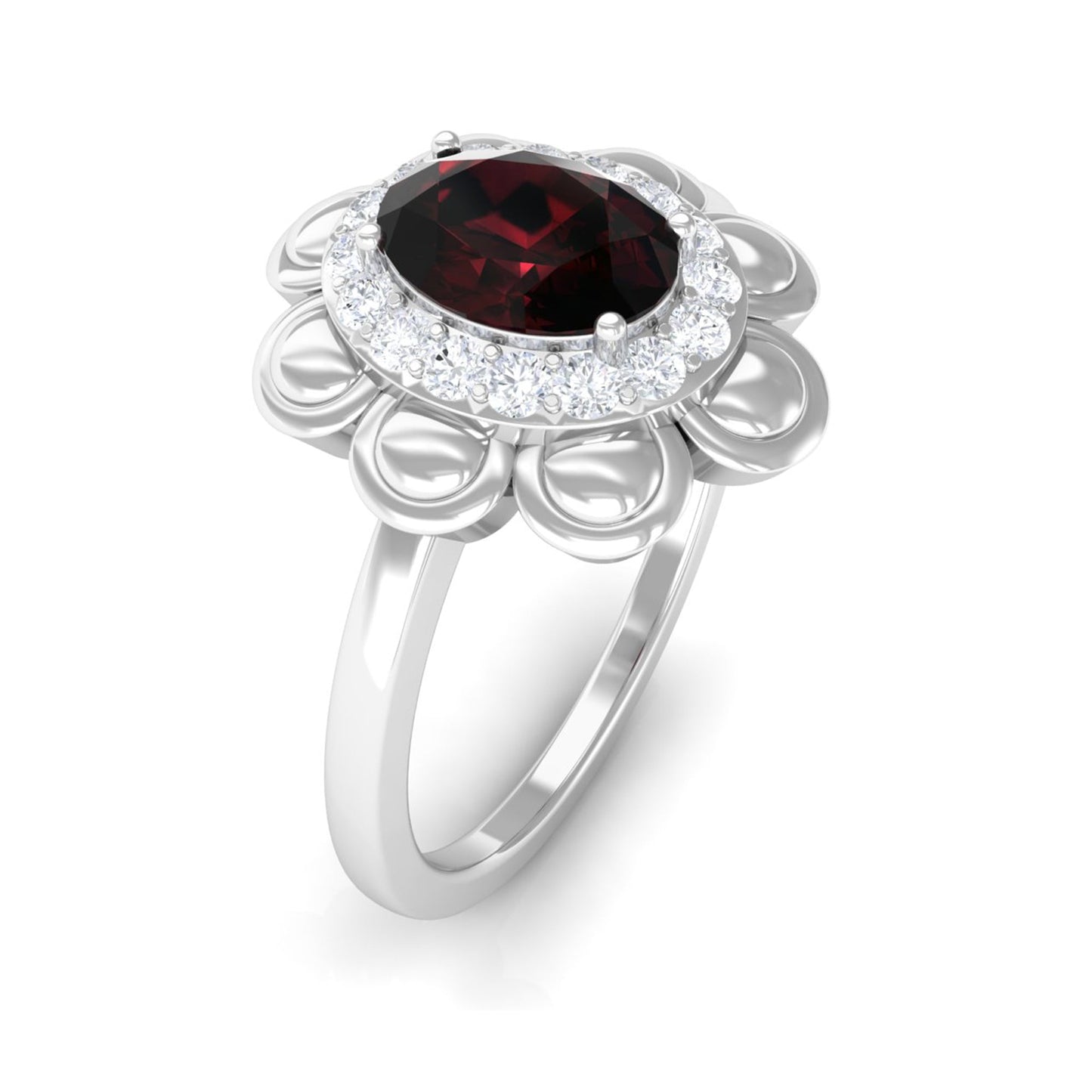 Natural 6X8mm Oval Garnet Flower Engagement Ring with Diamond