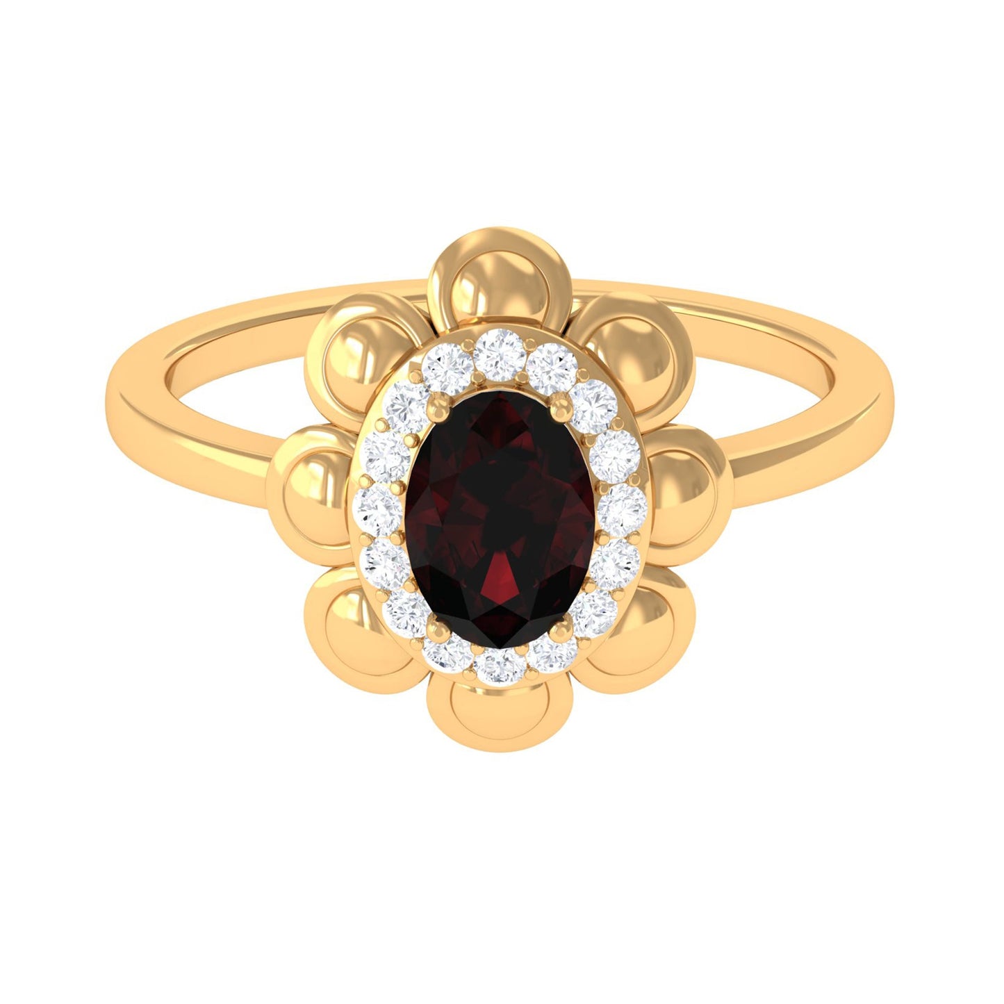 Natural 6X8mm Oval Garnet Flower Engagement Ring with Diamond