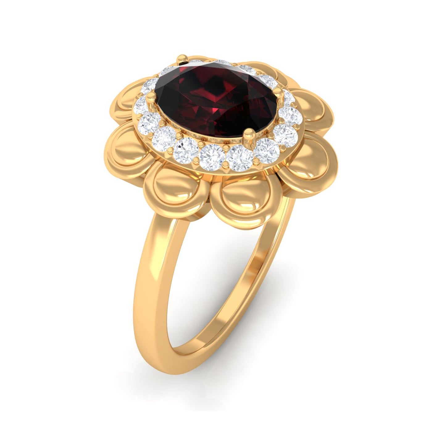 Natural 6X8mm Oval Garnet Flower Engagement Ring with Diamond