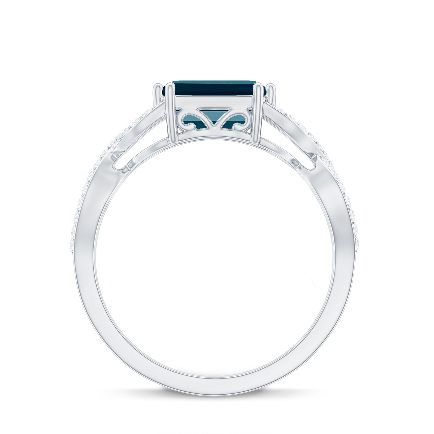 6X8mm Emerald Cut London Blue Topaz East West Engagement Ring with Diamond