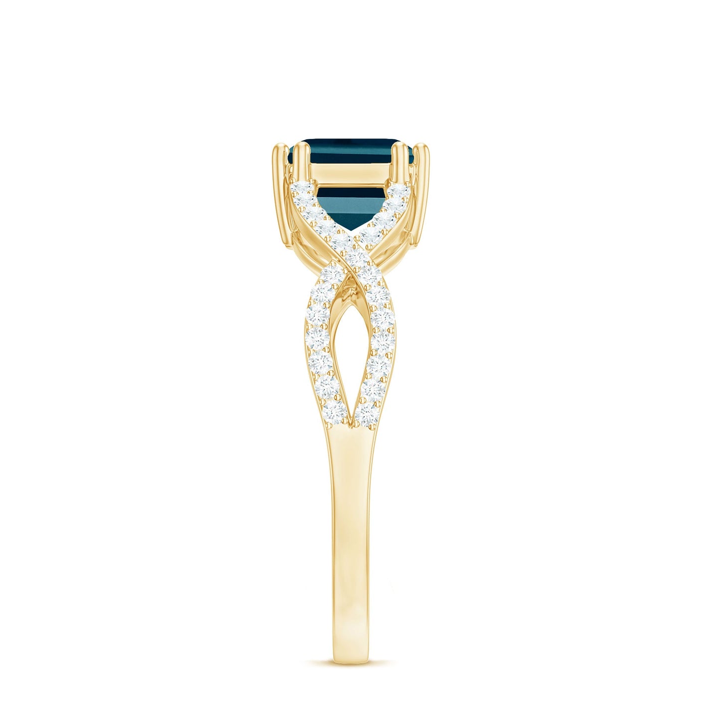 6X8mm Emerald Cut London Blue Topaz East West Engagement Ring with Diamond