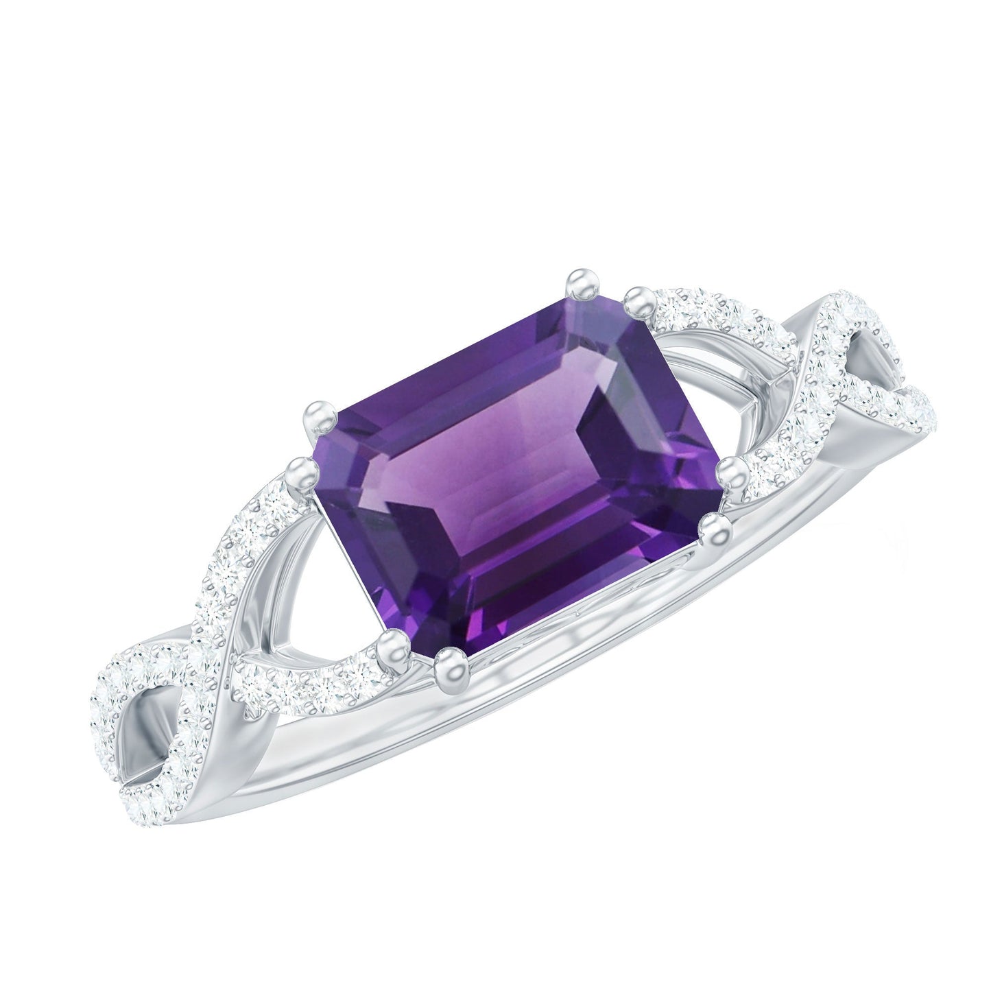 Emerald Cut Amethyst East West Crossover Ring with Diamond