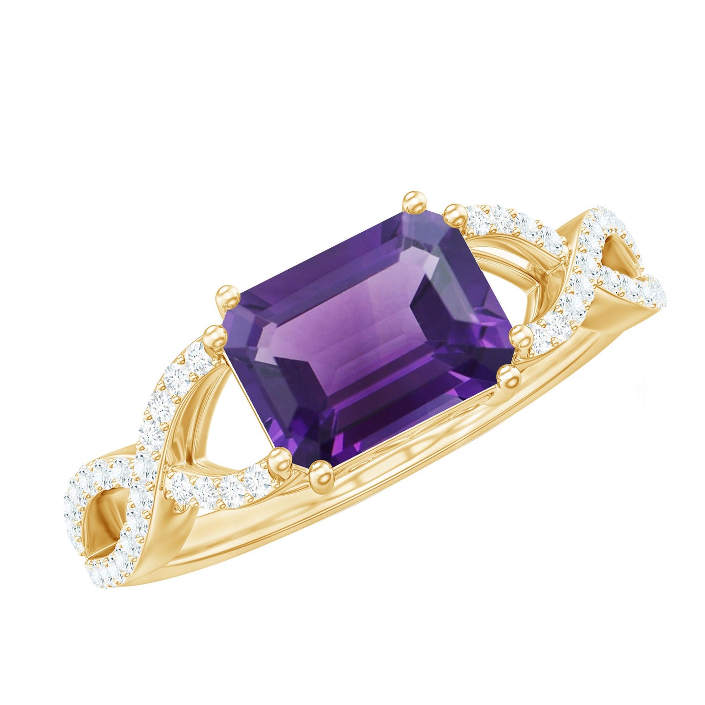 Emerald Cut Amethyst East West Crossover Ring with Diamond