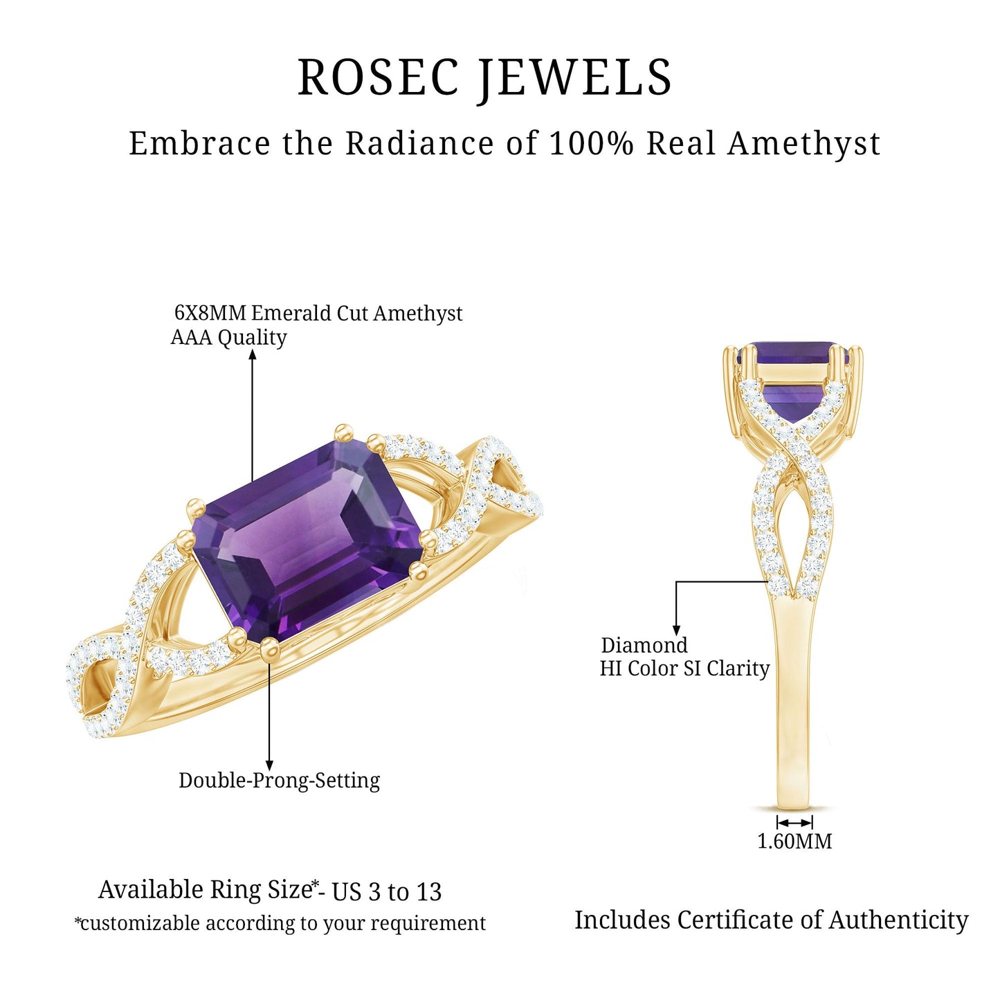 Emerald Cut Amethyst East West Crossover Ring with Diamond