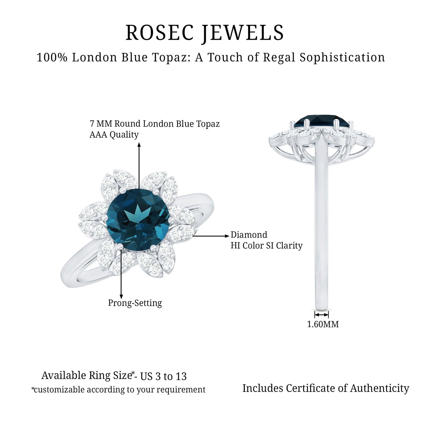 7mm Round London Blue Topaz Floral Engagement Ring with Diamond