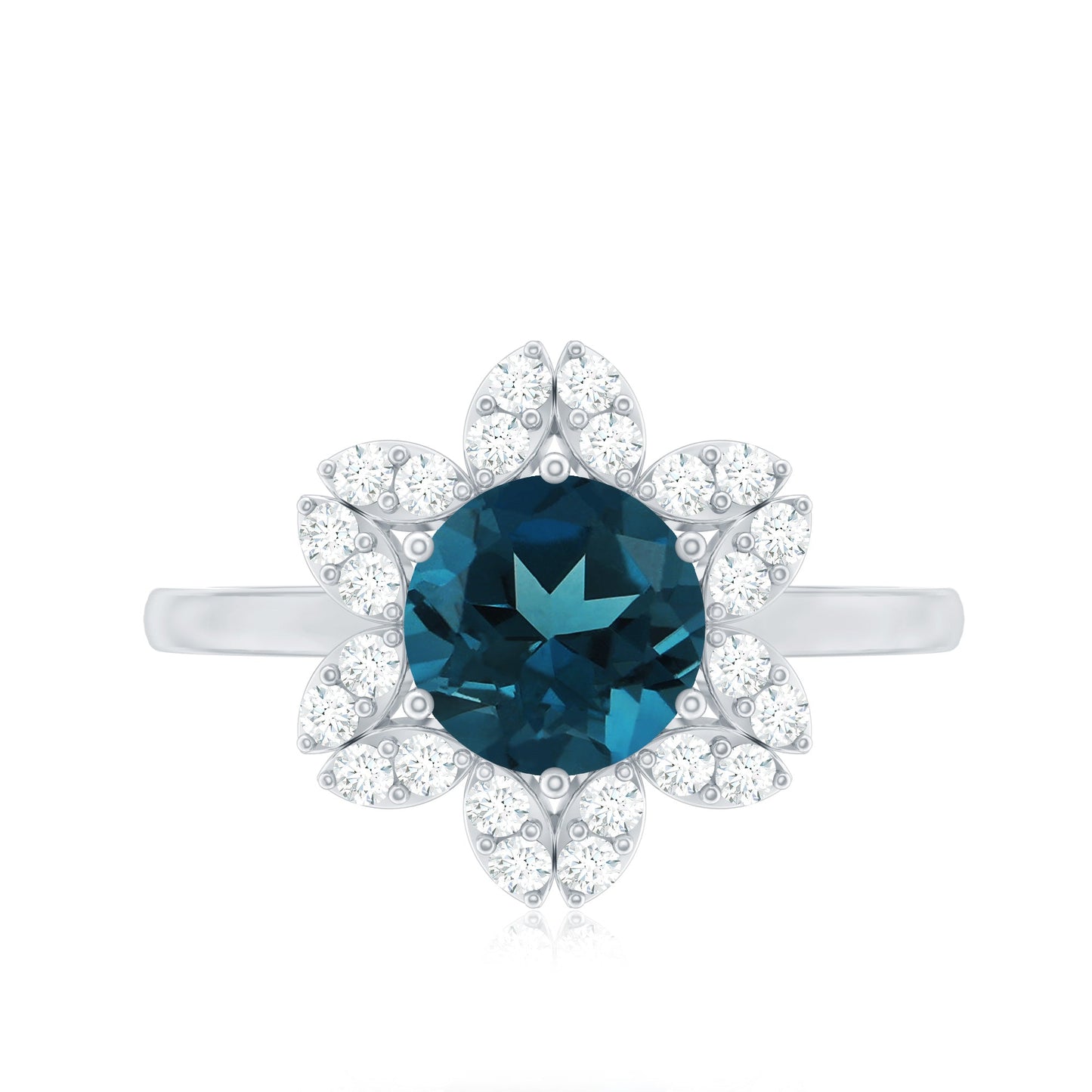 7mm Round London Blue Topaz Floral Engagement Ring with Diamond