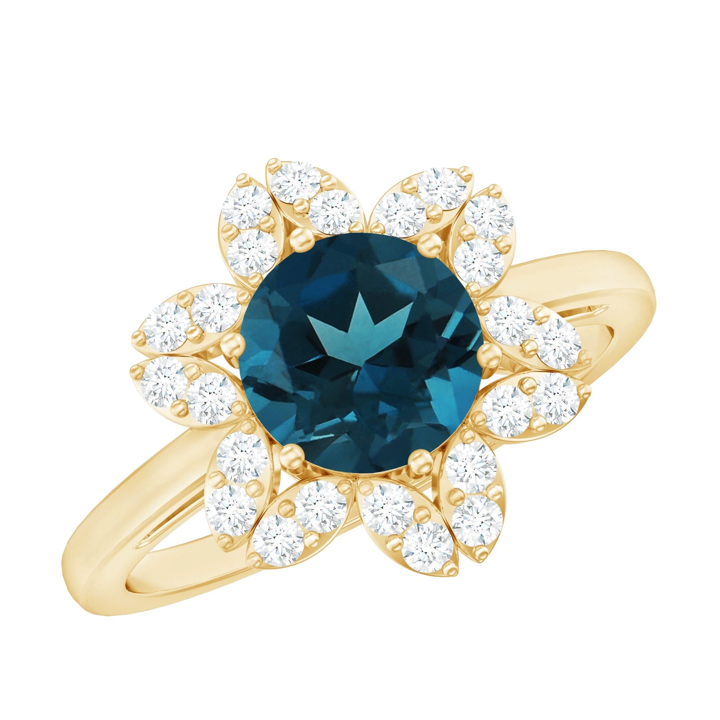 7mm Round London Blue Topaz Floral Engagement Ring with Diamond