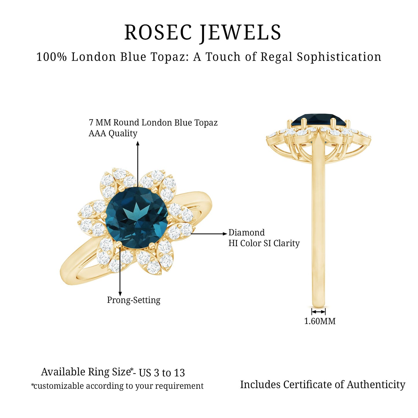 7mm Round London Blue Topaz Floral Engagement Ring with Diamond
