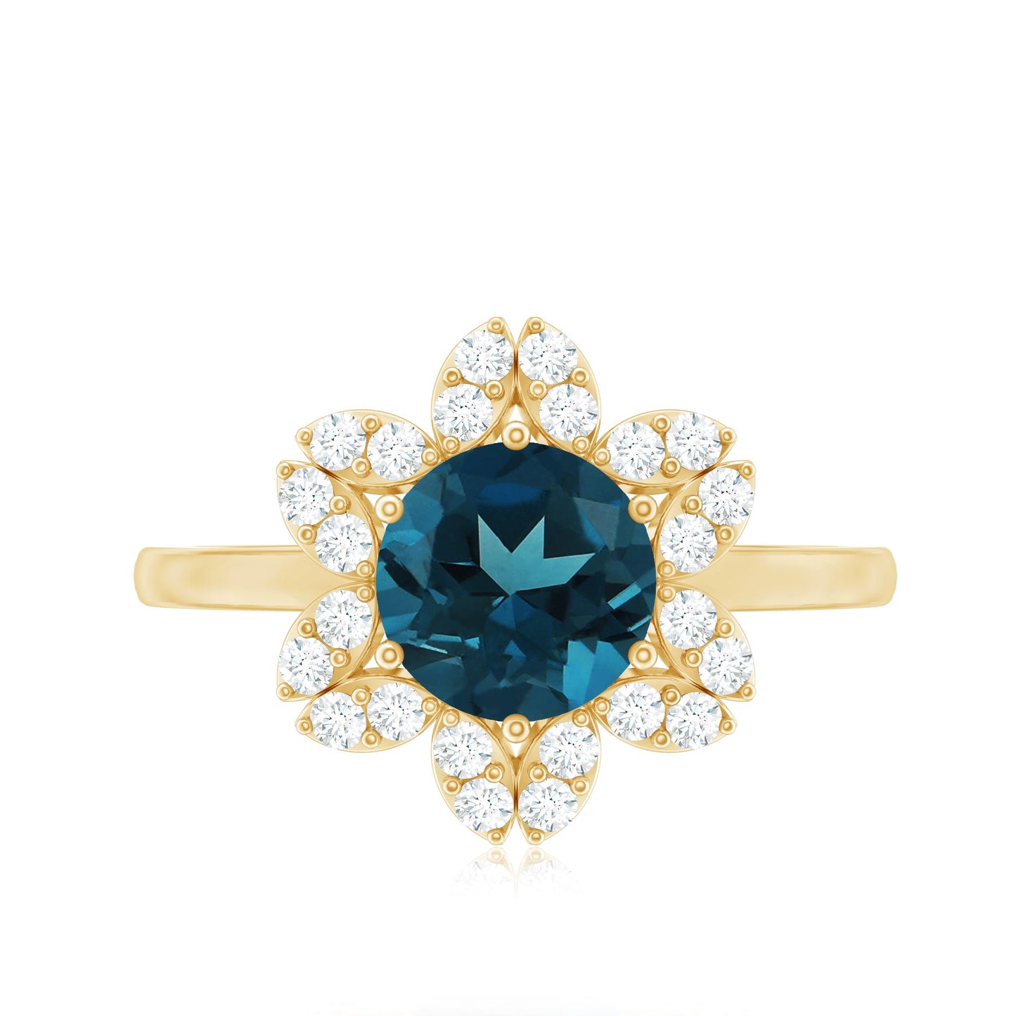 7mm Round London Blue Topaz Floral Engagement Ring with Diamond