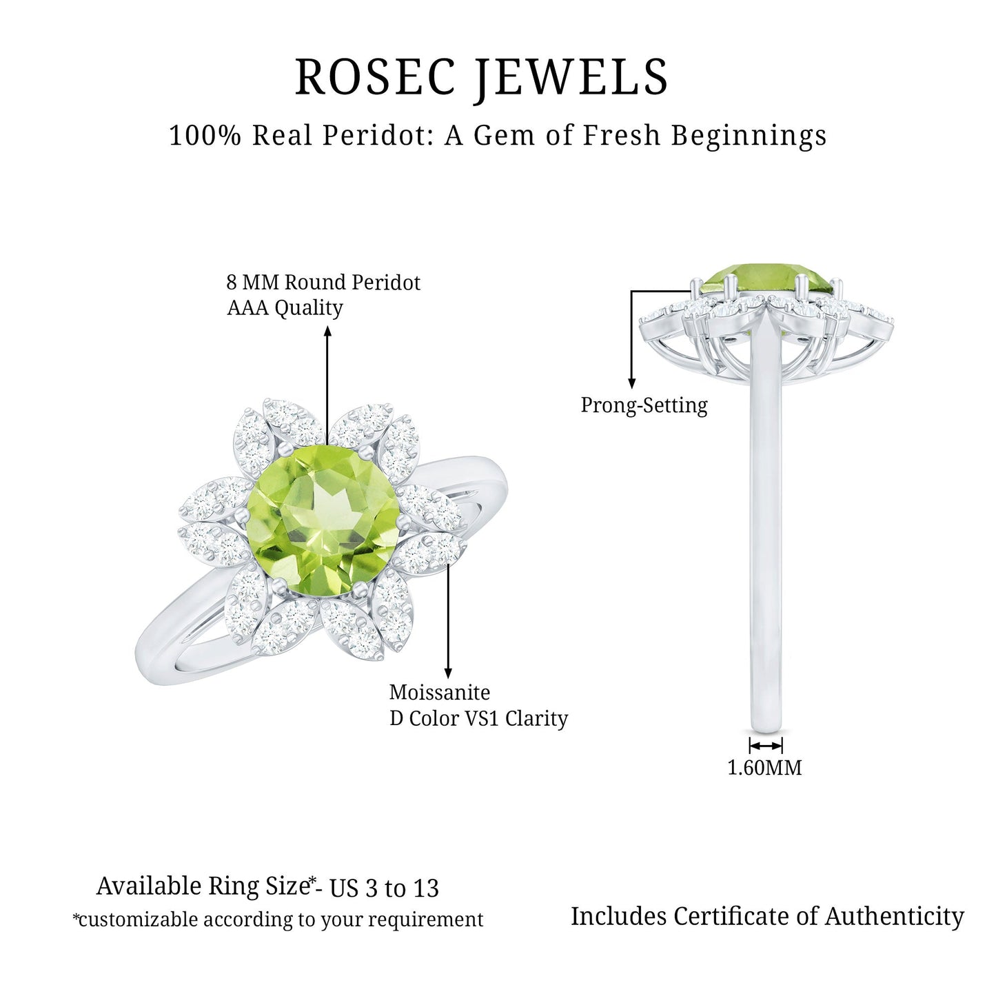 Natural 2 Carat Peridot Flower Engagement Ring with Moissanite