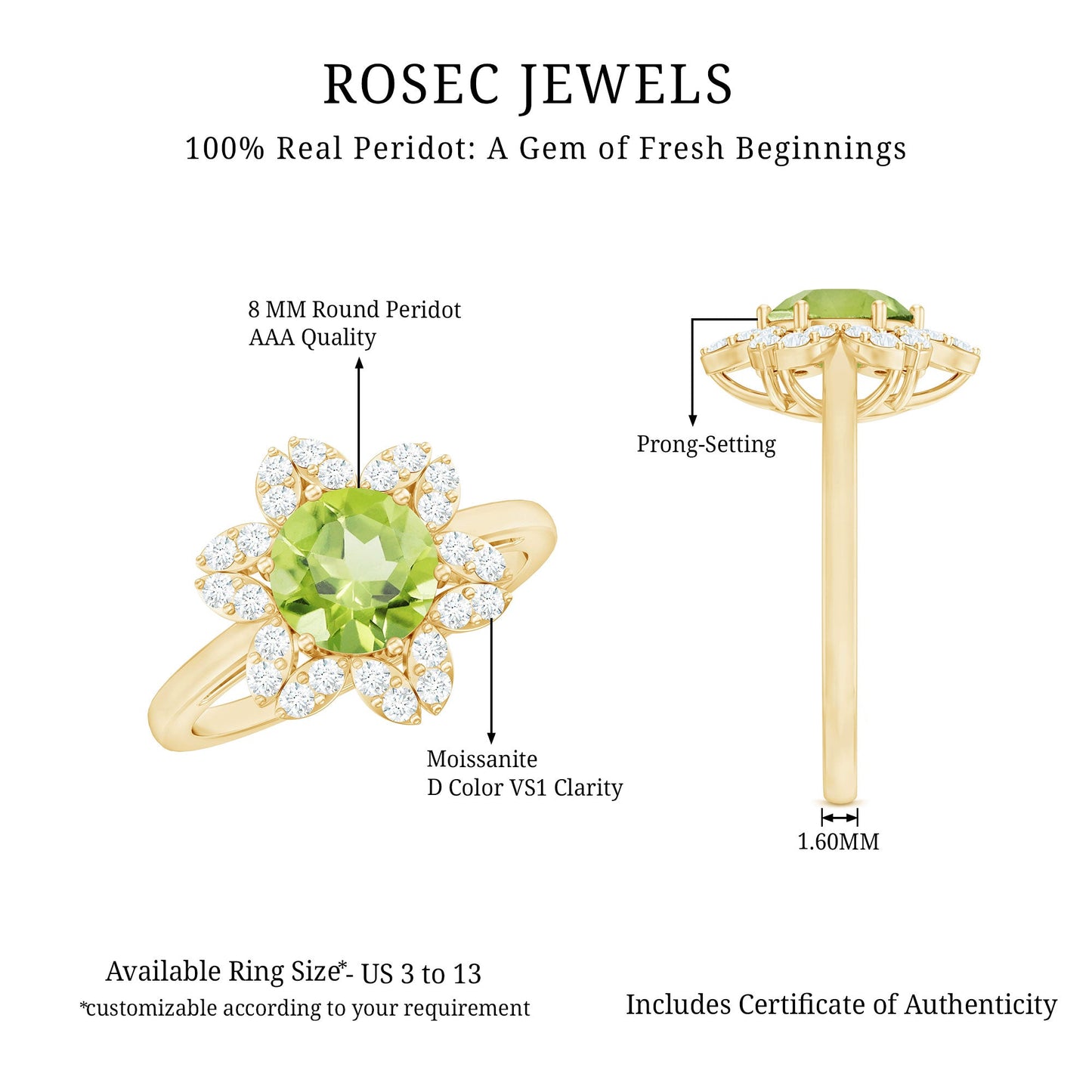 Natural 2 Carat Peridot Flower Engagement Ring with Moissanite