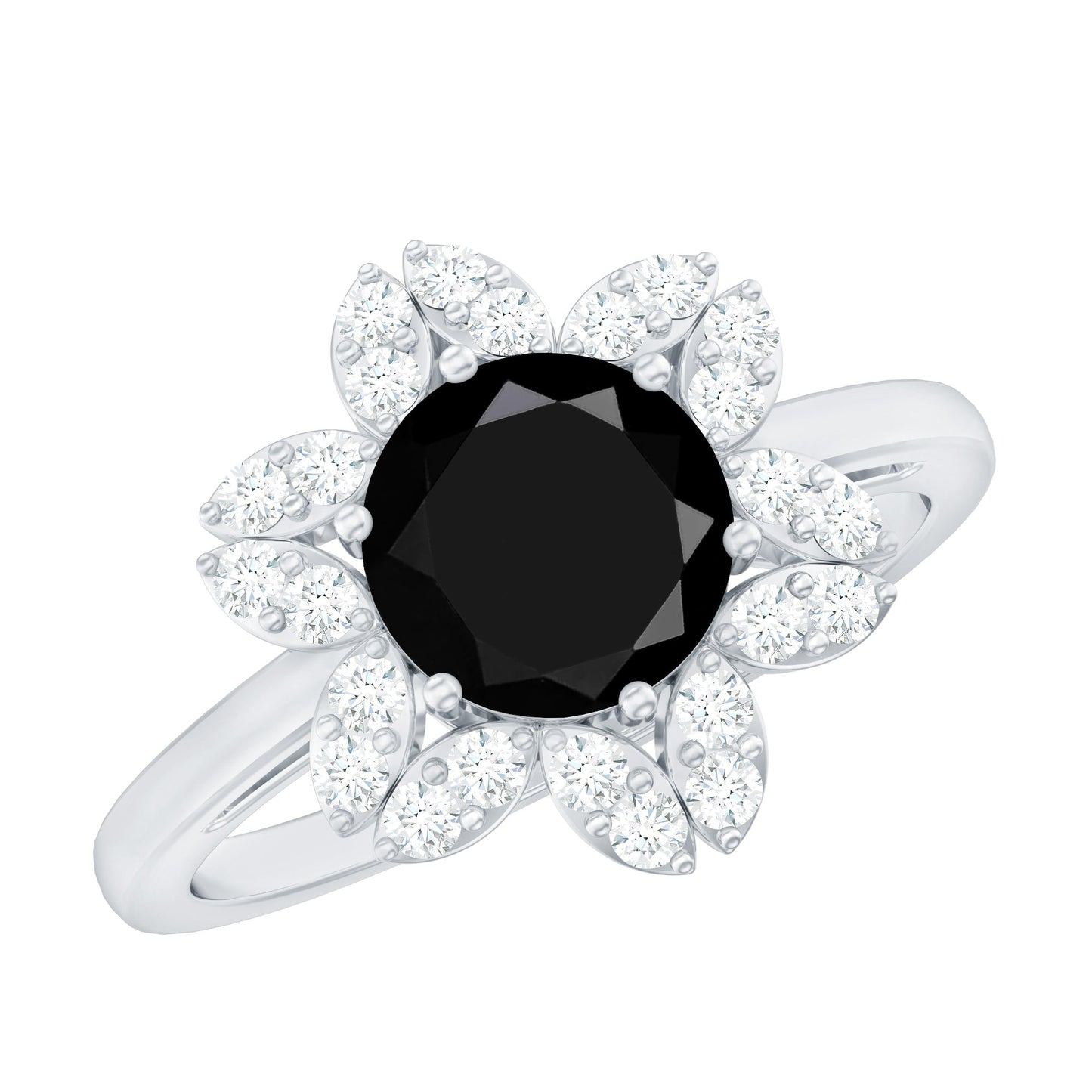 Genuine Round Cut Black Onyx Flower Engagement Ring with Diamonds